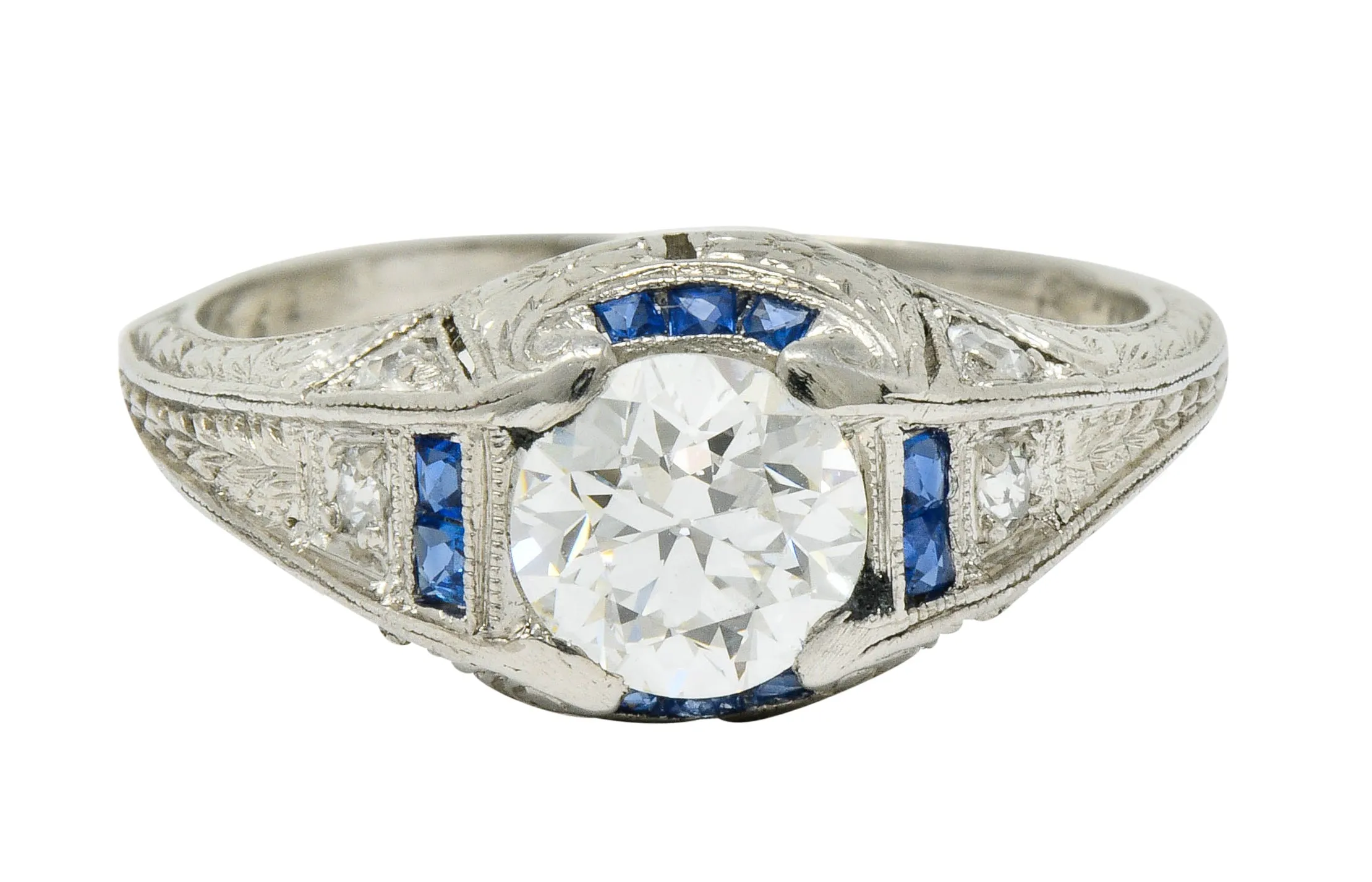 Art Deco 0.84 CTW Diamond Sapphire Platinum Floral Engagement Ring