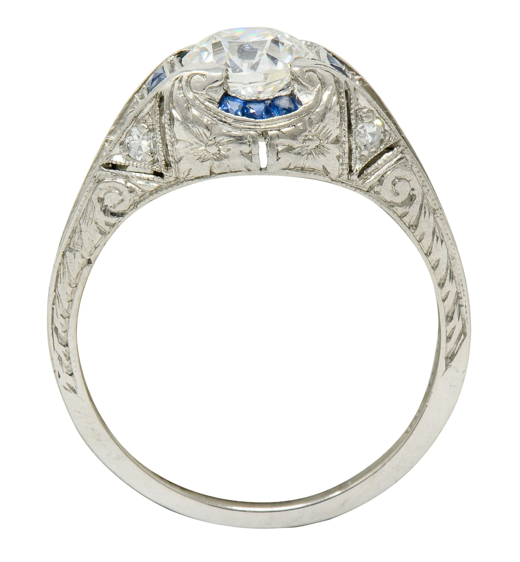 Art Deco 0.84 CTW Diamond Sapphire Platinum Floral Engagement Ring