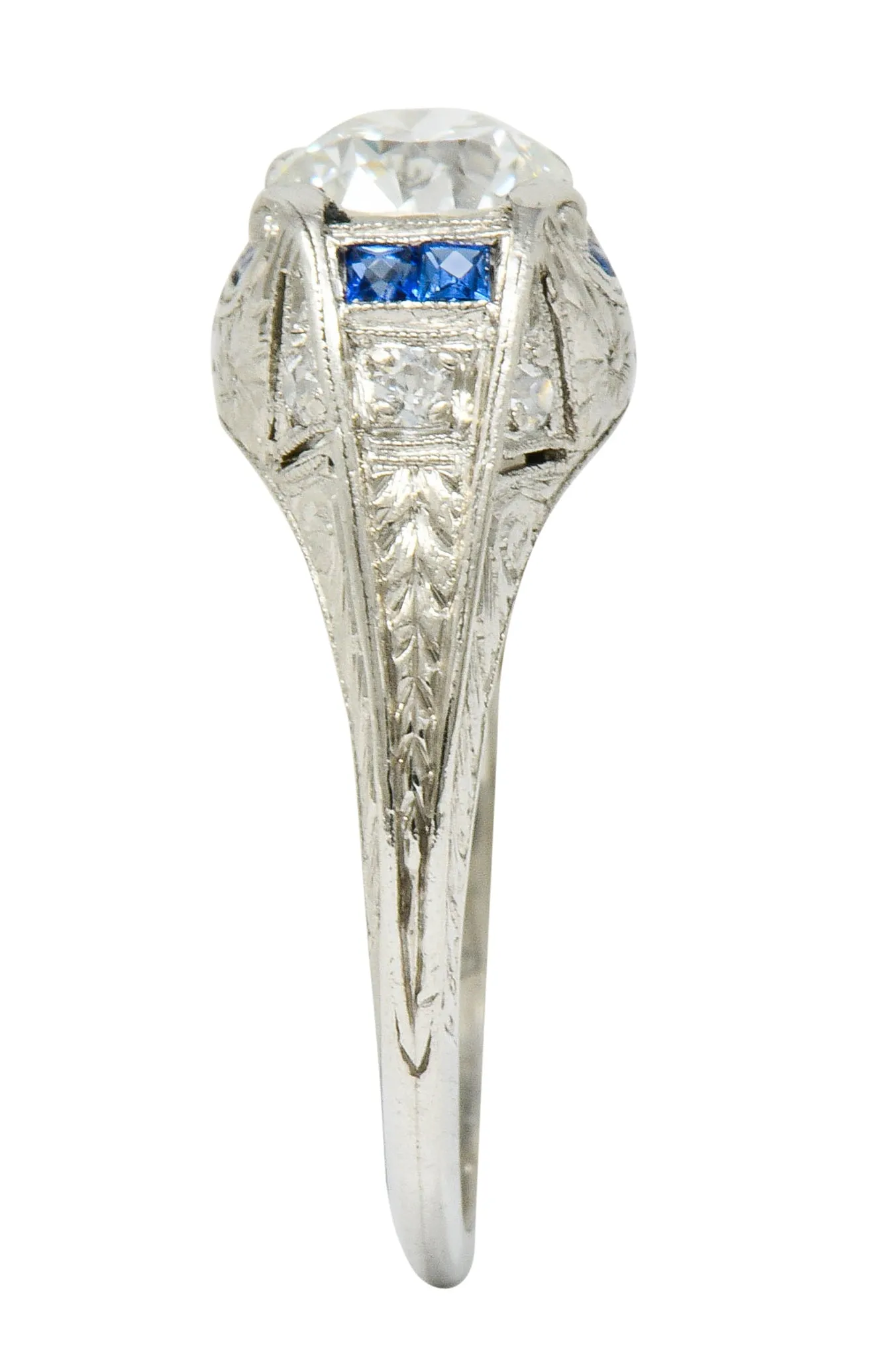 Art Deco 0.84 CTW Diamond Sapphire Platinum Floral Engagement Ring