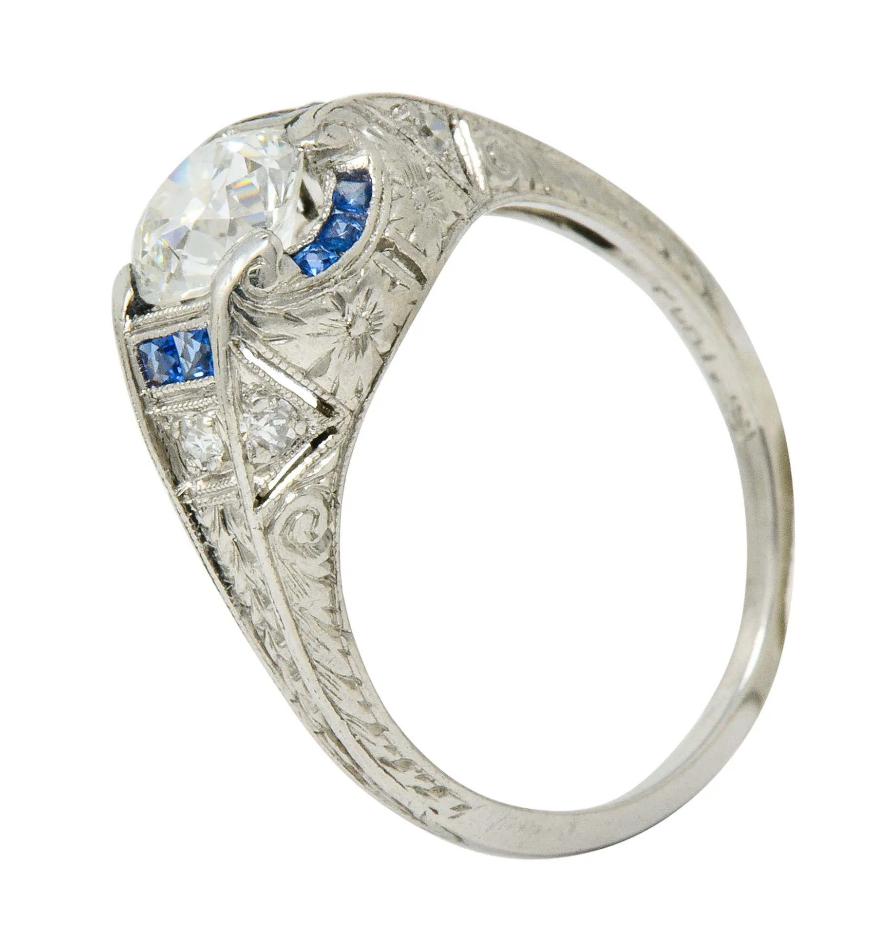 Art Deco 0.84 CTW Diamond Sapphire Platinum Floral Engagement Ring