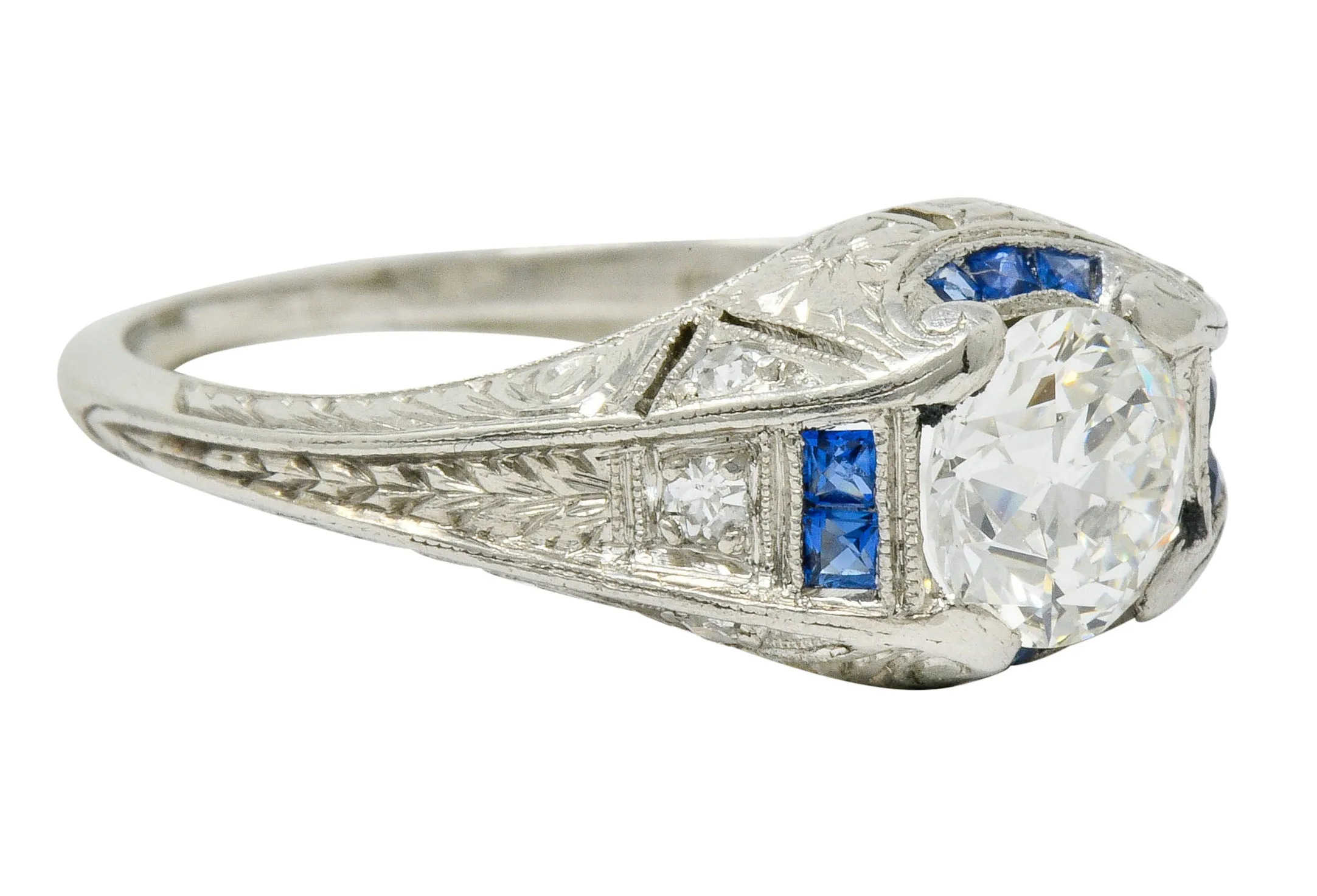 Art Deco 0.84 CTW Diamond Sapphire Platinum Floral Engagement Ring