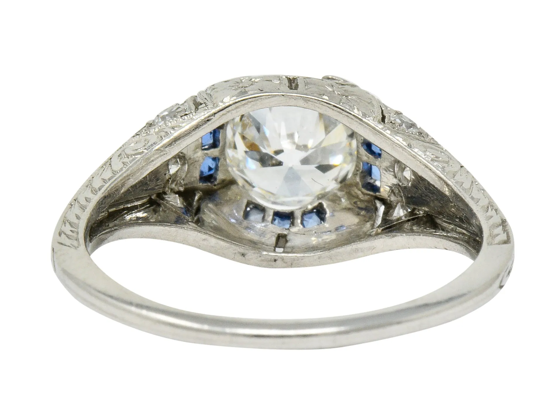 Art Deco 0.84 CTW Diamond Sapphire Platinum Floral Engagement Ring