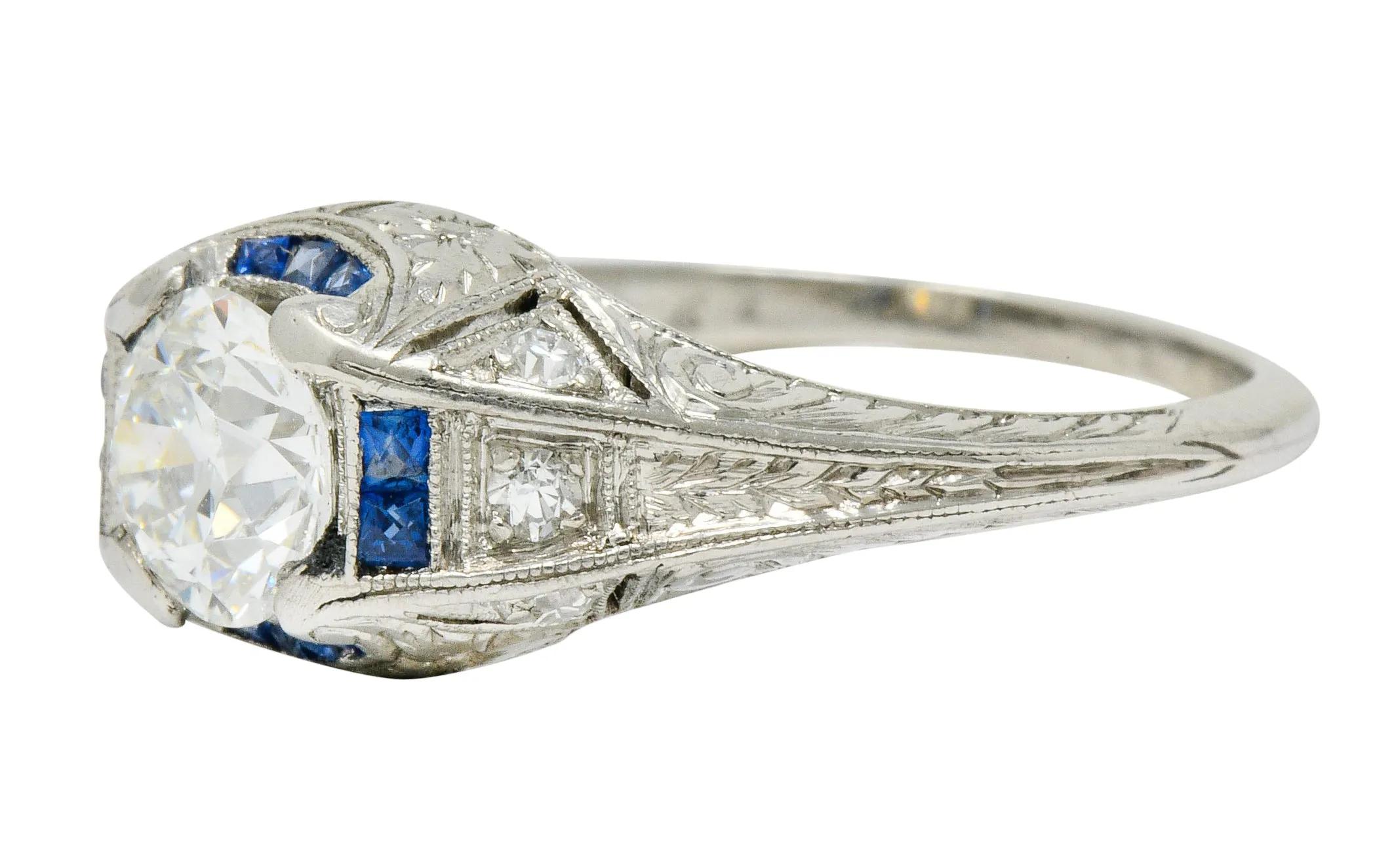 Art Deco 0.84 CTW Diamond Sapphire Platinum Floral Engagement Ring