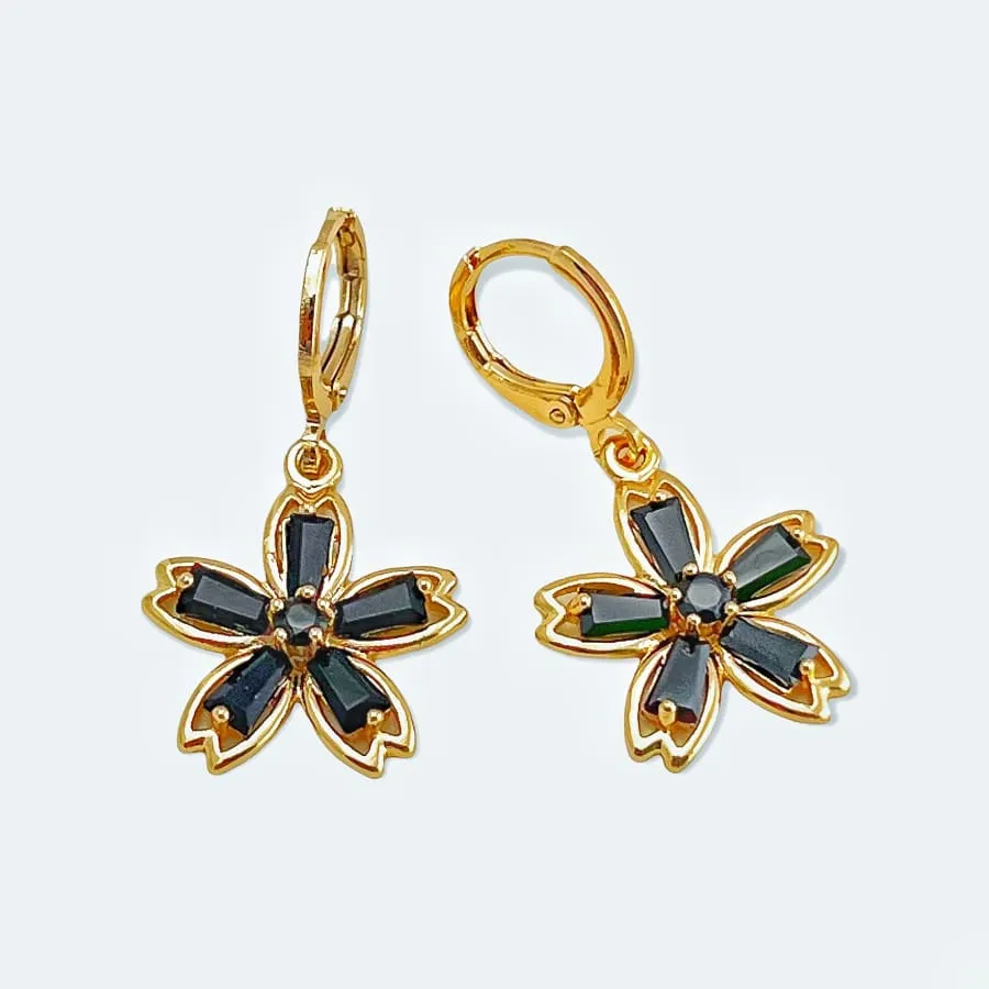 Black flower drop earrings in 18k of gold plated