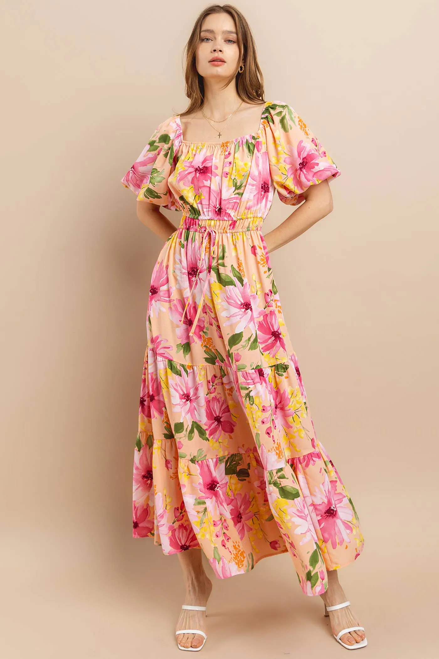 Ces Femme - DU52320PA / Floral Print Balloon Sleeve Maxi Dress: S-M-L (2-2-2) / SAGE