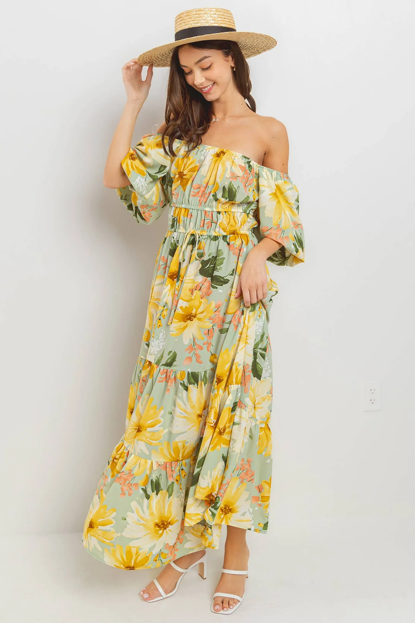 Ces Femme - DU52320PA / Floral Print Balloon Sleeve Maxi Dress: S-M-L (2-2-2) / SAGE