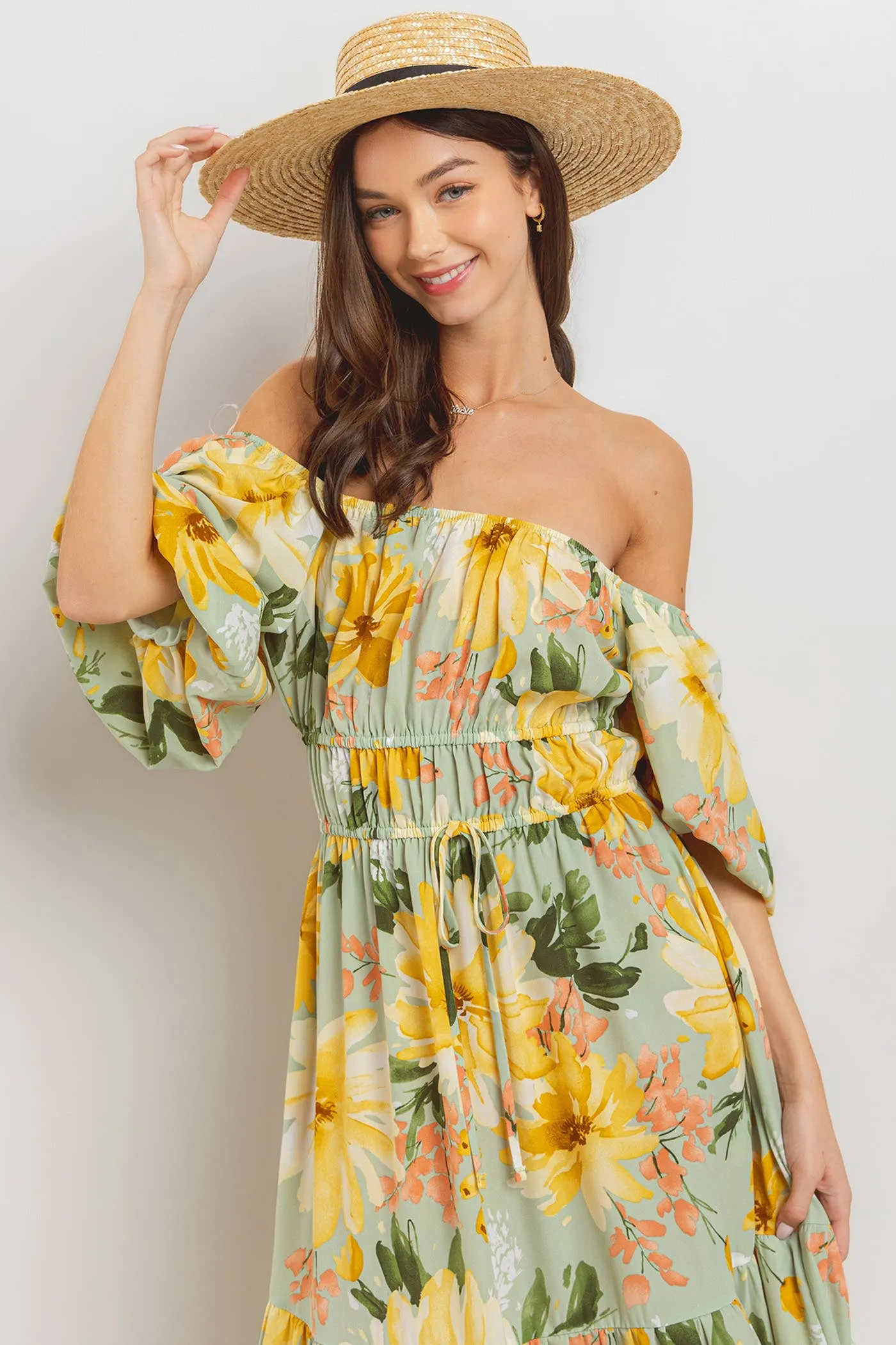 Ces Femme - DU52320PA / Floral Print Balloon Sleeve Maxi Dress: S-M-L (2-2-2) / SAGE