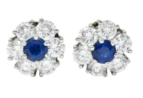 Contemporary 2.32 CTW Diamond Sapphire Platinum Floral Cluster Earrings