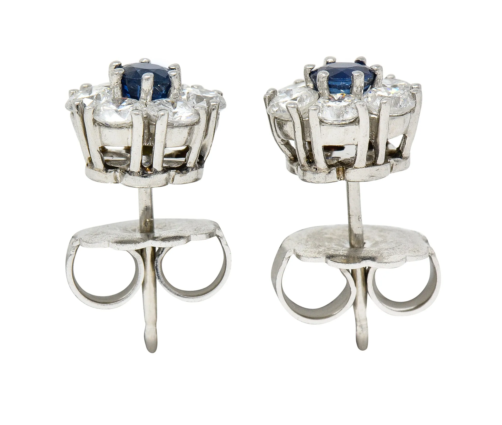 Contemporary 2.32 CTW Diamond Sapphire Platinum Floral Cluster Earrings