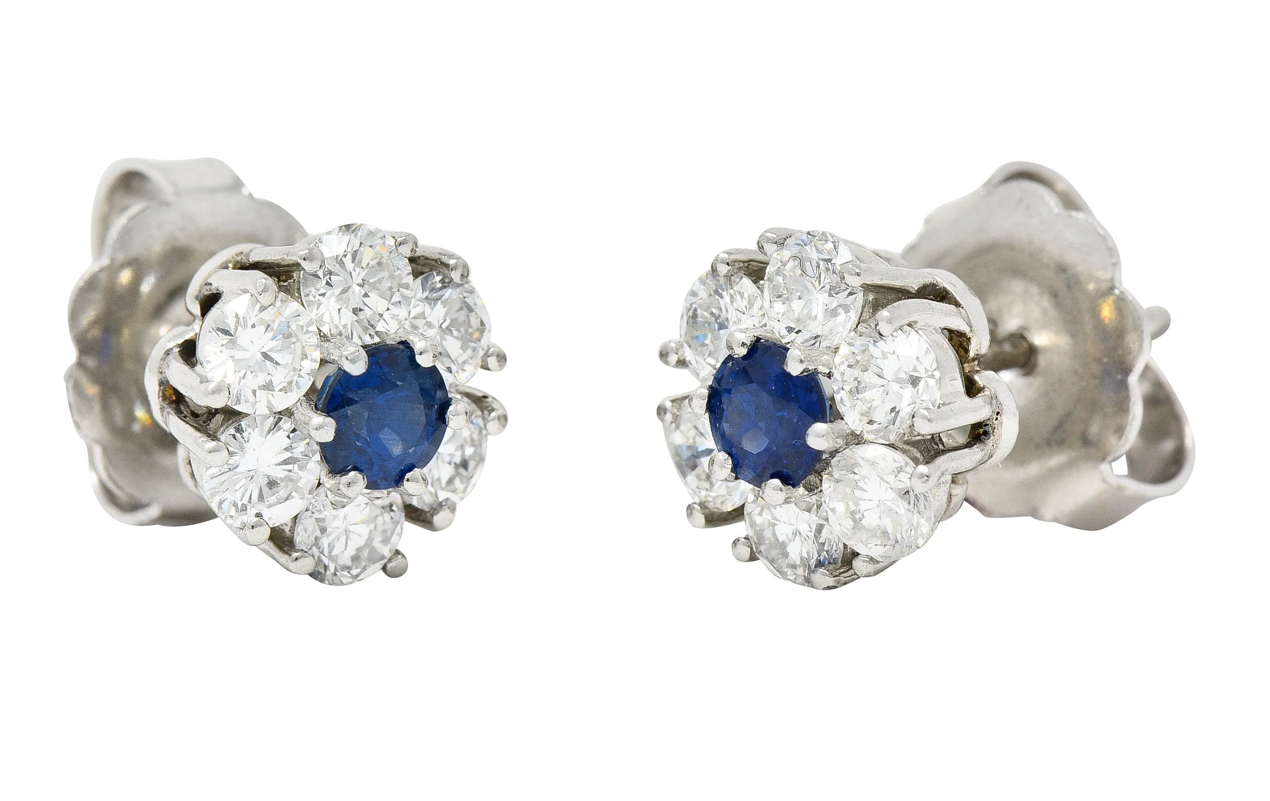 Contemporary 2.32 CTW Diamond Sapphire Platinum Floral Cluster Earrings