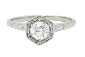 Edwardian 0.65 CTW Diamond Platinum Floral Hexagonal Engagement Ring