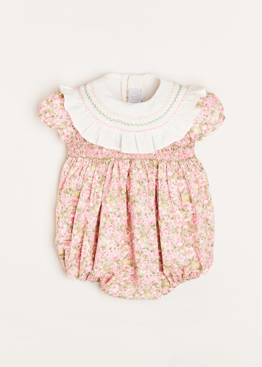 Eloise Floral Print Handsmocked Short Sleeve Romper in Pink (6mths-2yrs)