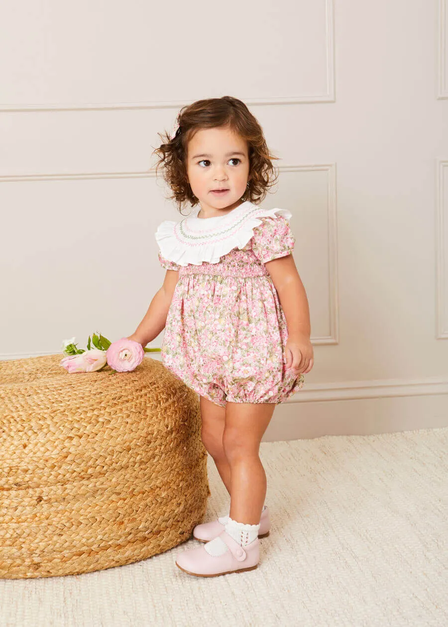 Eloise Floral Print Handsmocked Short Sleeve Romper in Pink (6mths-2yrs)