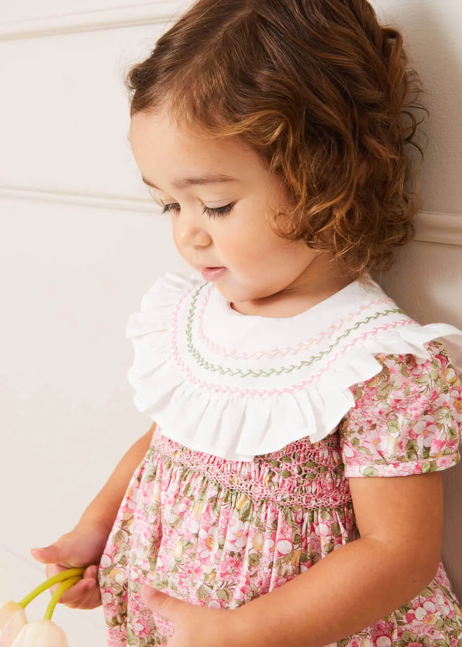 Eloise Floral Print Handsmocked Short Sleeve Romper in Pink (6mths-2yrs)