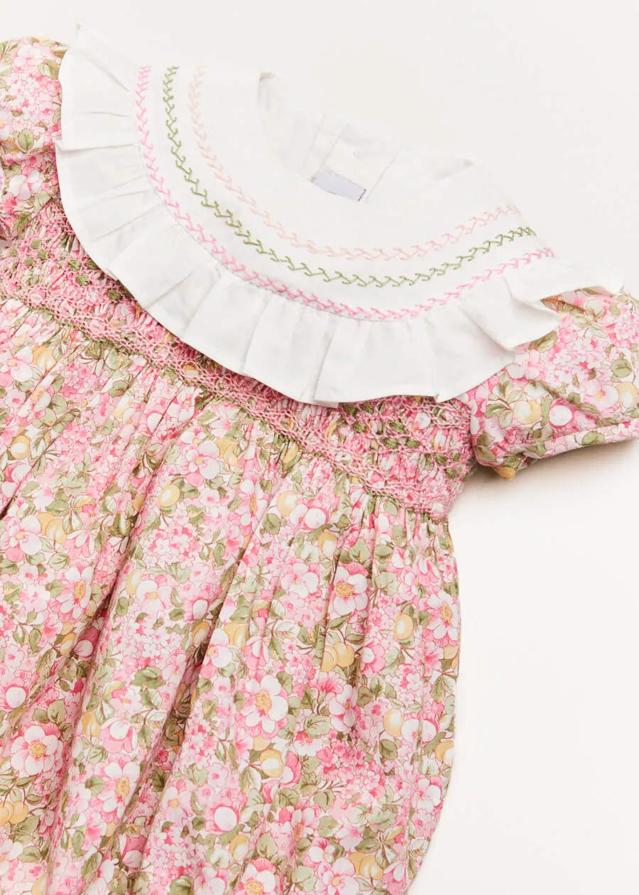 Eloise Floral Print Handsmocked Short Sleeve Romper in Pink (6mths-2yrs)