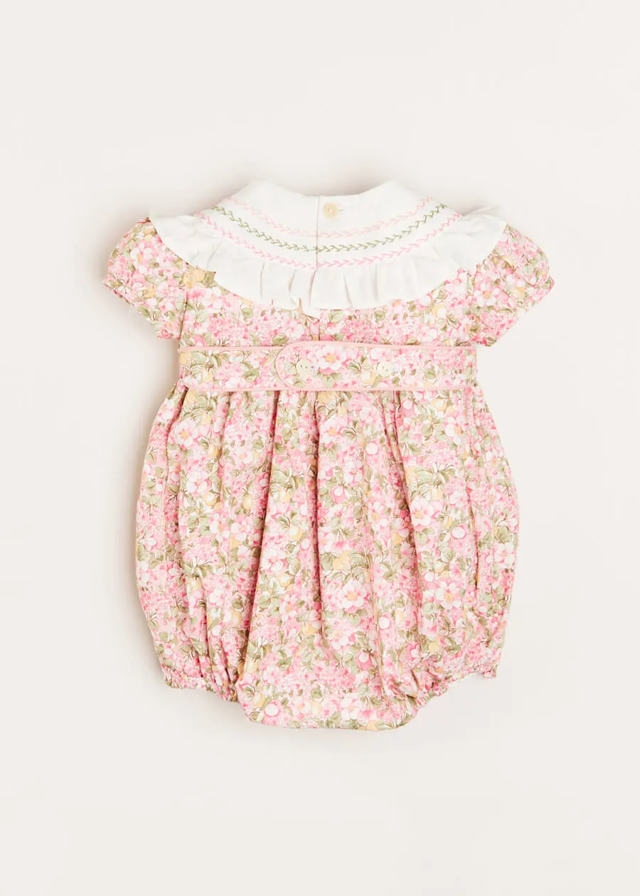 Eloise Floral Print Handsmocked Short Sleeve Romper in Pink (6mths-2yrs)