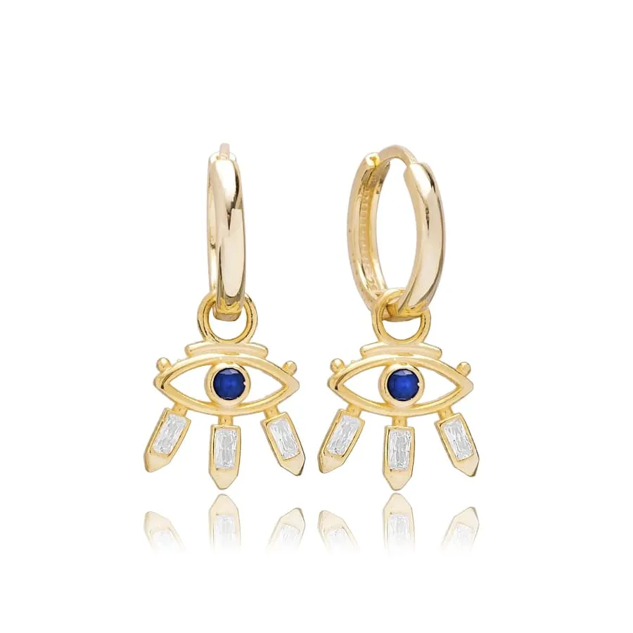 Evil eye blue stone center drop earrings in 18k of gold plated