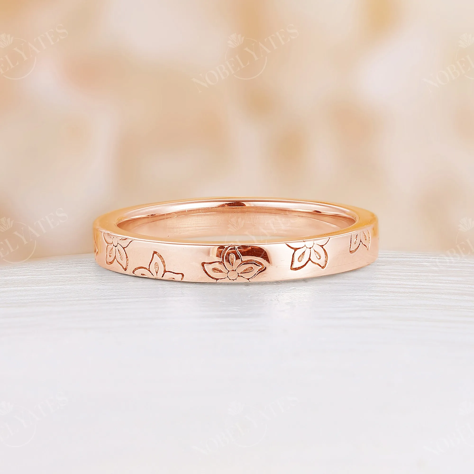 Fashion Floral Engraved Plain Wedding Band Rose Gold