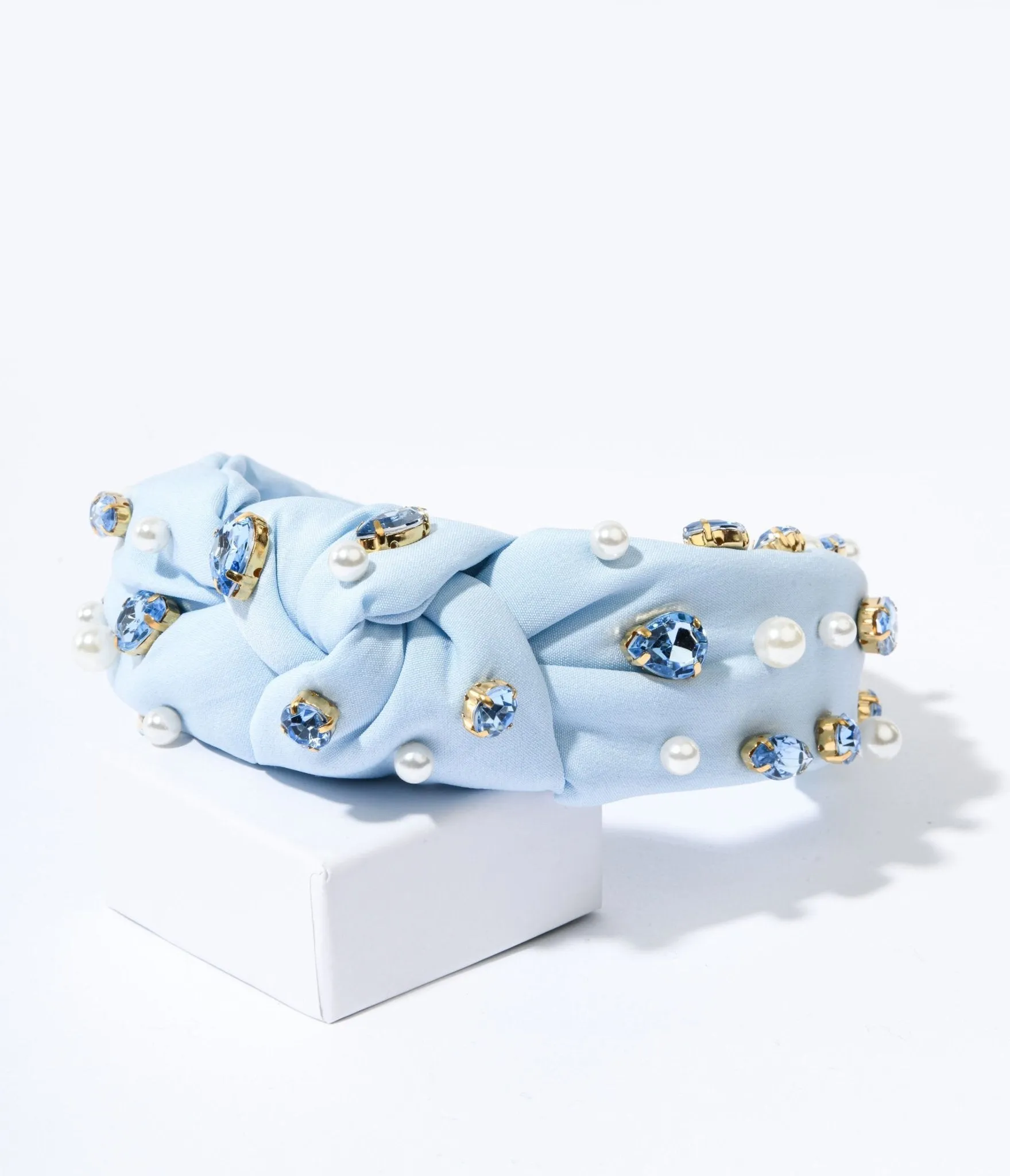 Faux Pearl & Blue Rhinestone Studded Baby Blue Knot Headband