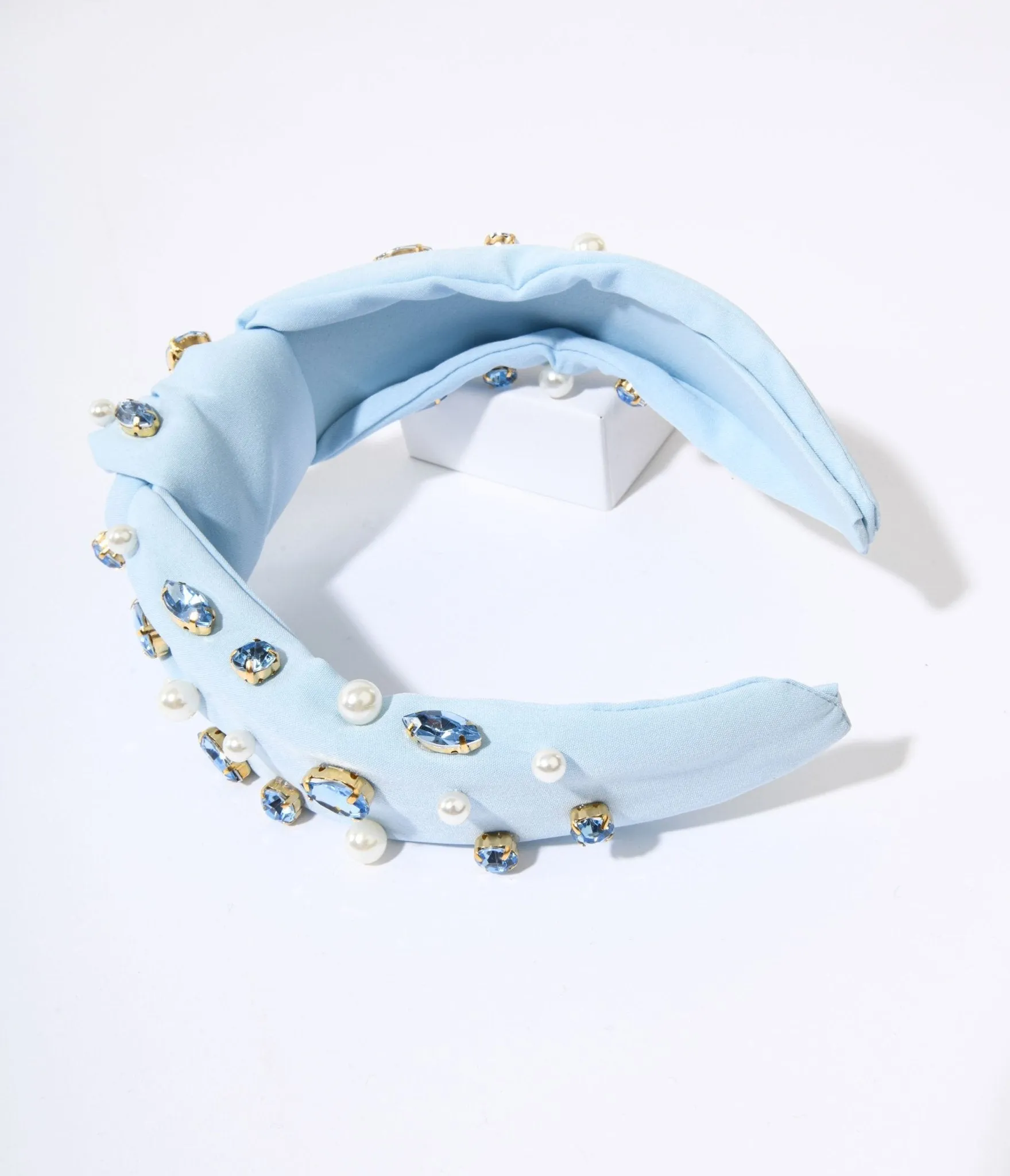 Faux Pearl & Blue Rhinestone Studded Baby Blue Knot Headband