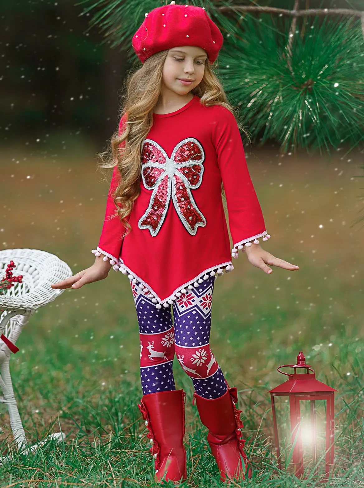 Girls Asymmetric Long Sleeve Ombre Pom Pom Tunic And Legging Set