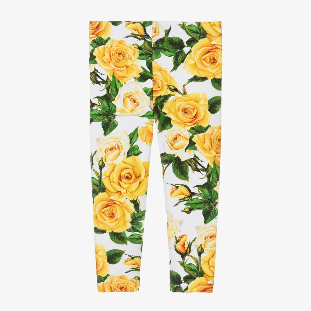 Girls Yellow Rose Print Cotton Leggings 