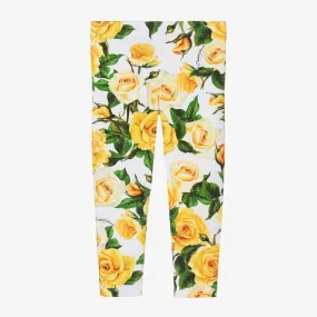 Girls Yellow Rose Print Cotton Leggings 