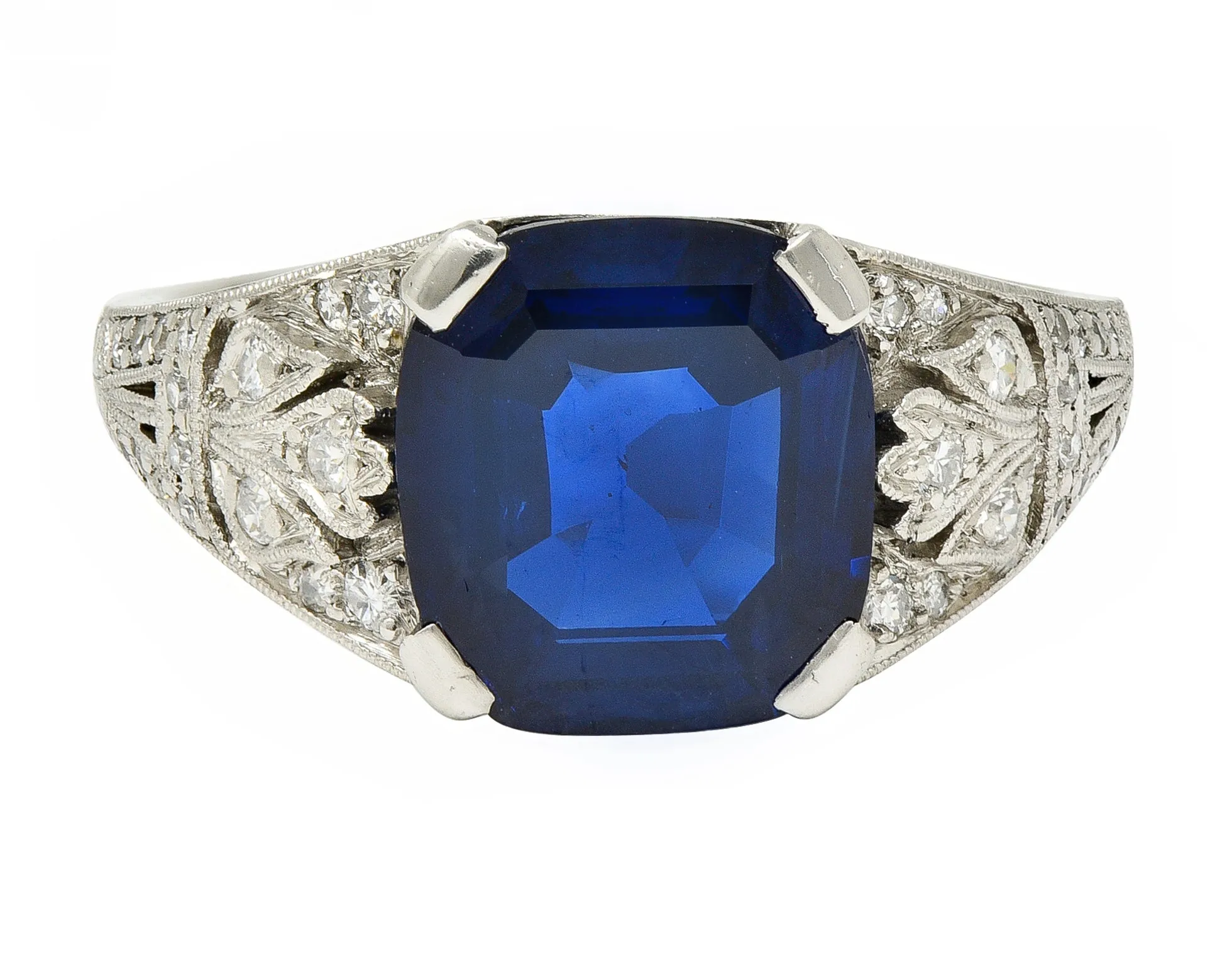 J.E. Caldwell Art Deco 3.90 CTW No Heat Sapphire Diamond Platinum Floral Vintage Ring GIA