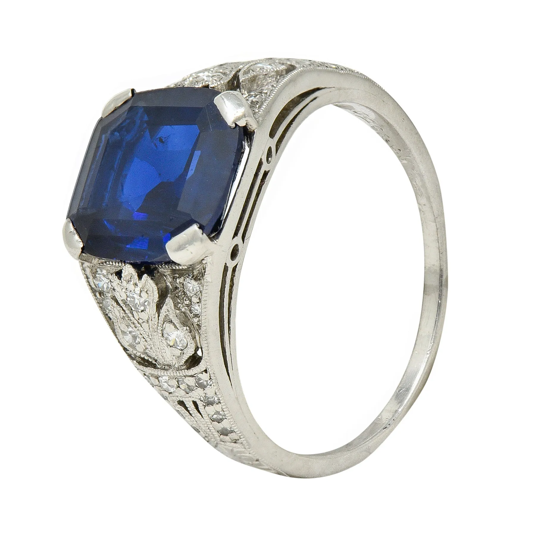 J.E. Caldwell Art Deco 3.90 CTW No Heat Sapphire Diamond Platinum Floral Vintage Ring GIA