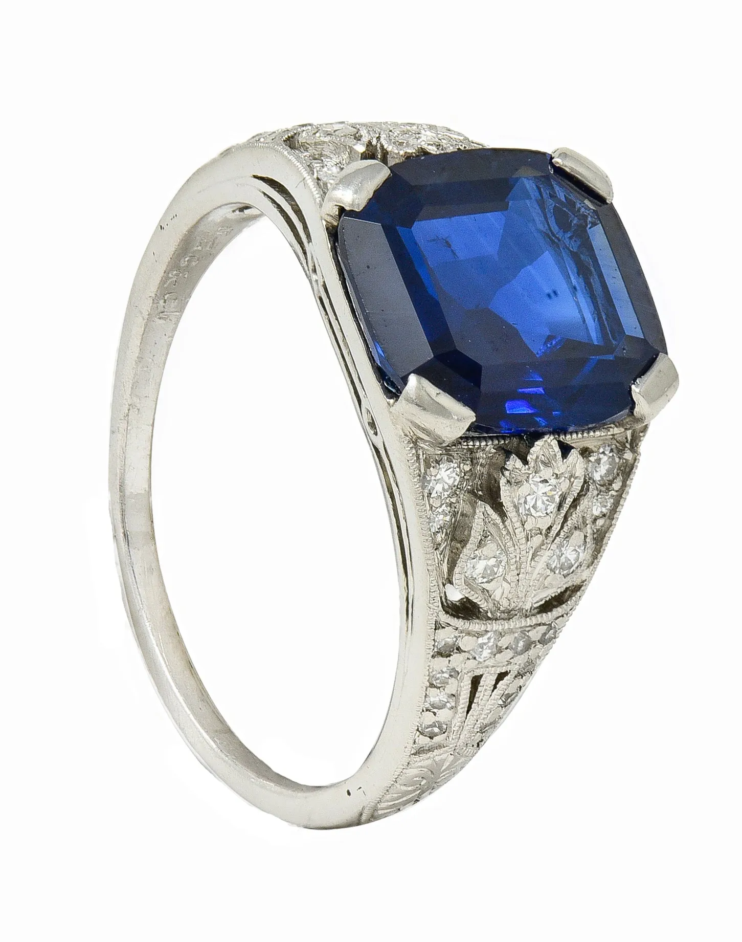 J.E. Caldwell Art Deco 3.90 CTW No Heat Sapphire Diamond Platinum Floral Vintage Ring GIA