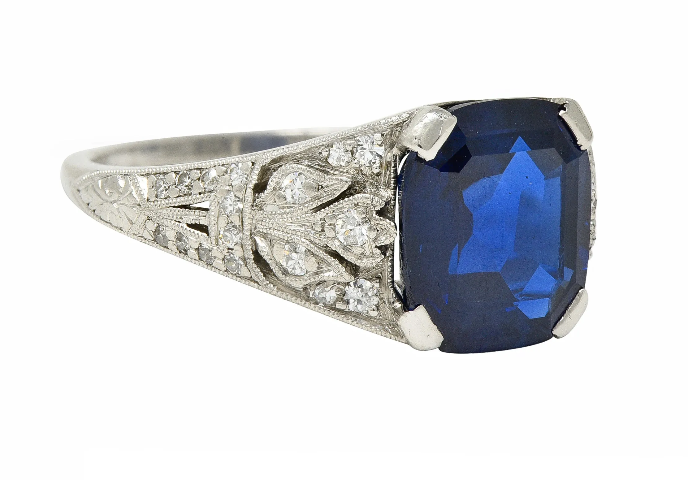 J.E. Caldwell Art Deco 3.90 CTW No Heat Sapphire Diamond Platinum Floral Vintage Ring GIA