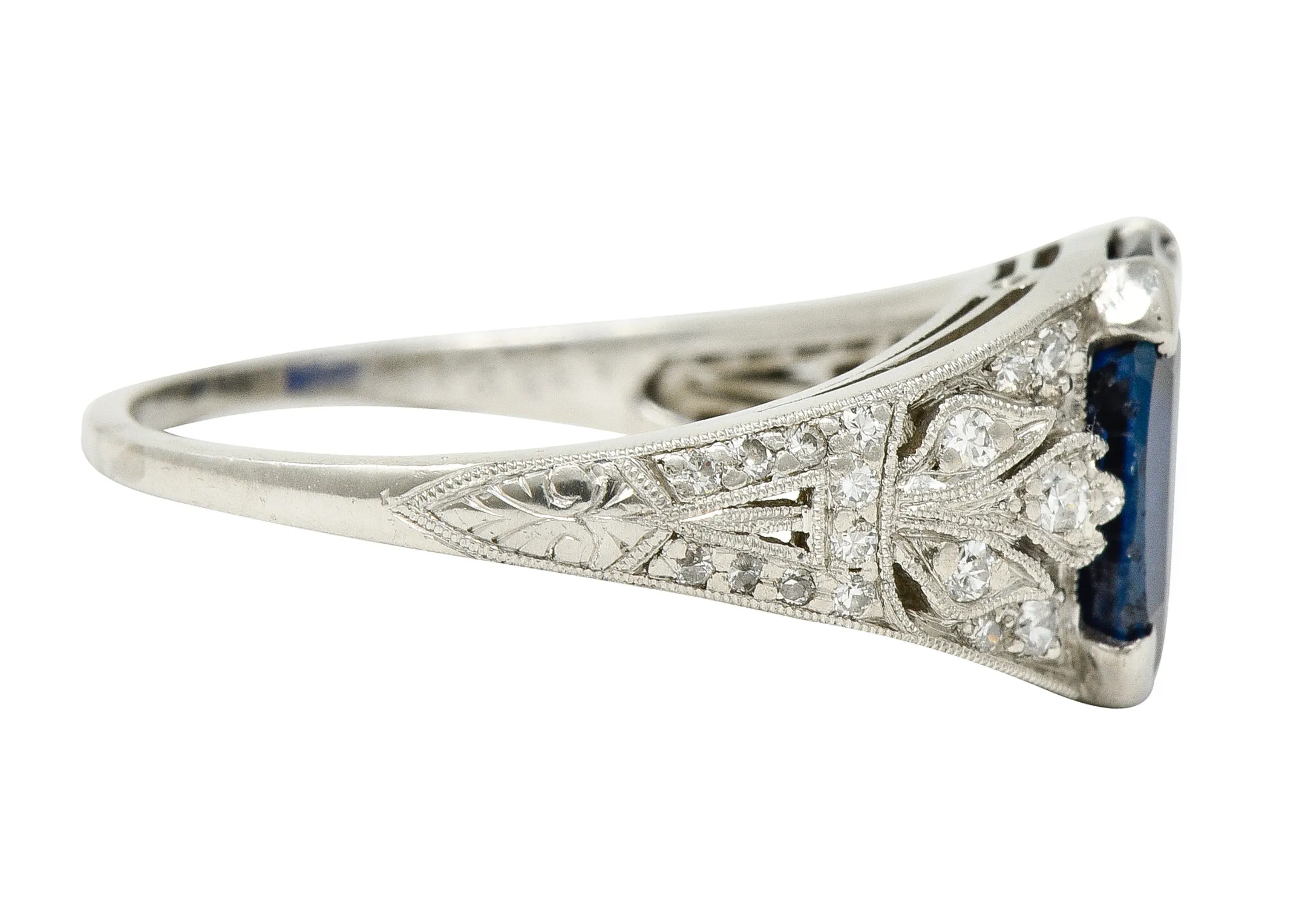 J.E. Caldwell Art Deco 3.90 CTW No Heat Sapphire Diamond Platinum Floral Vintage Ring GIA