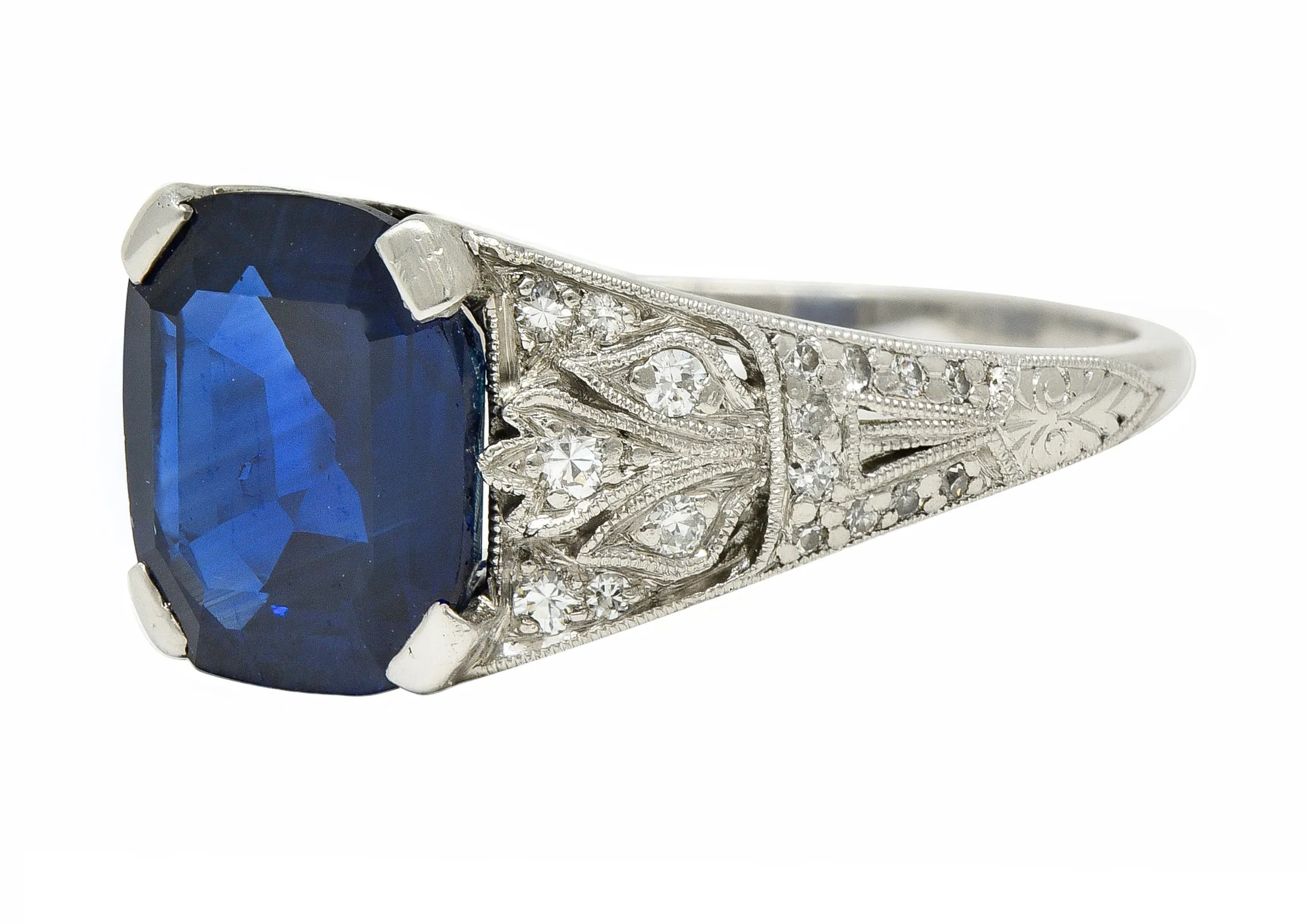 J.E. Caldwell Art Deco 3.90 CTW No Heat Sapphire Diamond Platinum Floral Vintage Ring GIA