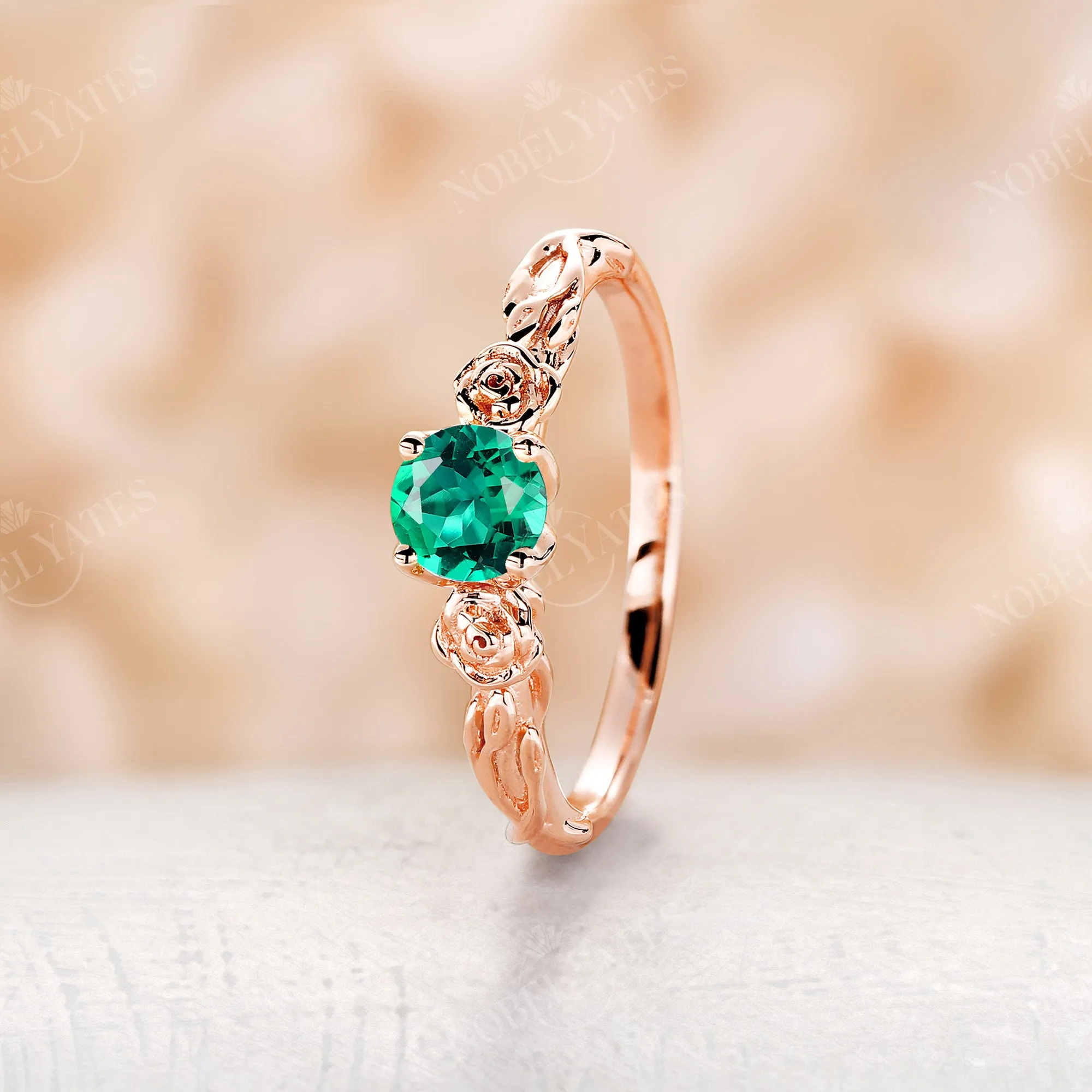 Lab Emerald Floral Engagement Ring Solitaire Natured Inspired