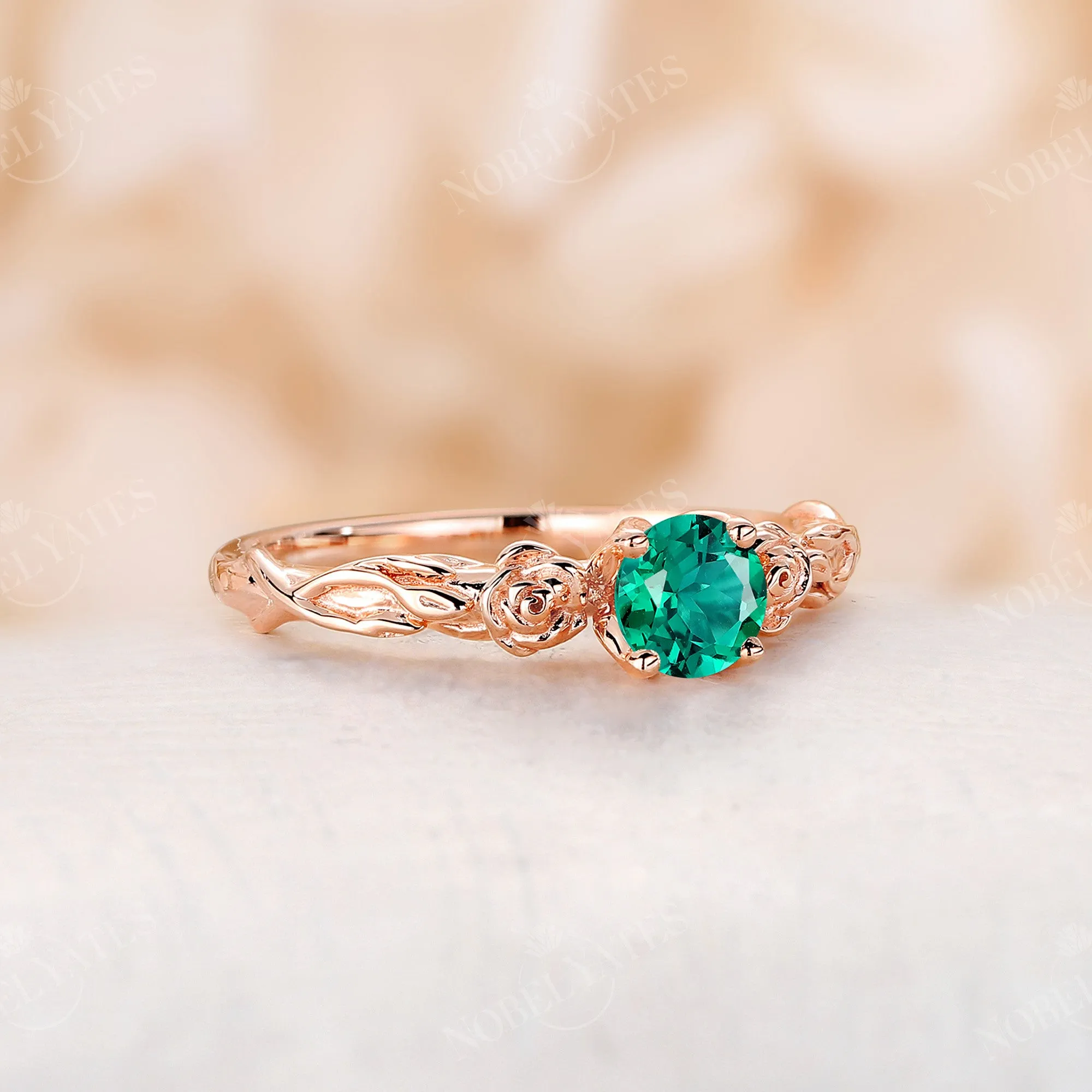 Lab Emerald Floral Engagement Ring Solitaire Natured Inspired