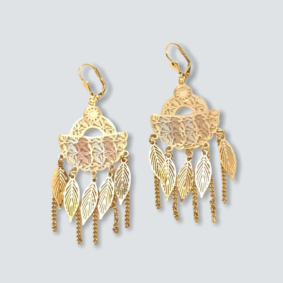 Leaf drops tricolor chandelier earrings 18k of gold plated