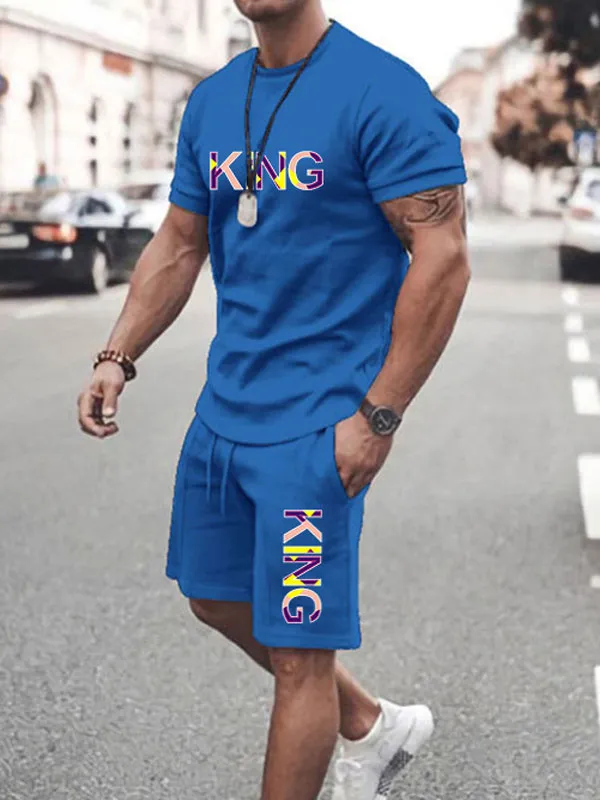 Men's Activewear 2-Piece Printed Short Sleeves Jewel Neck Blue