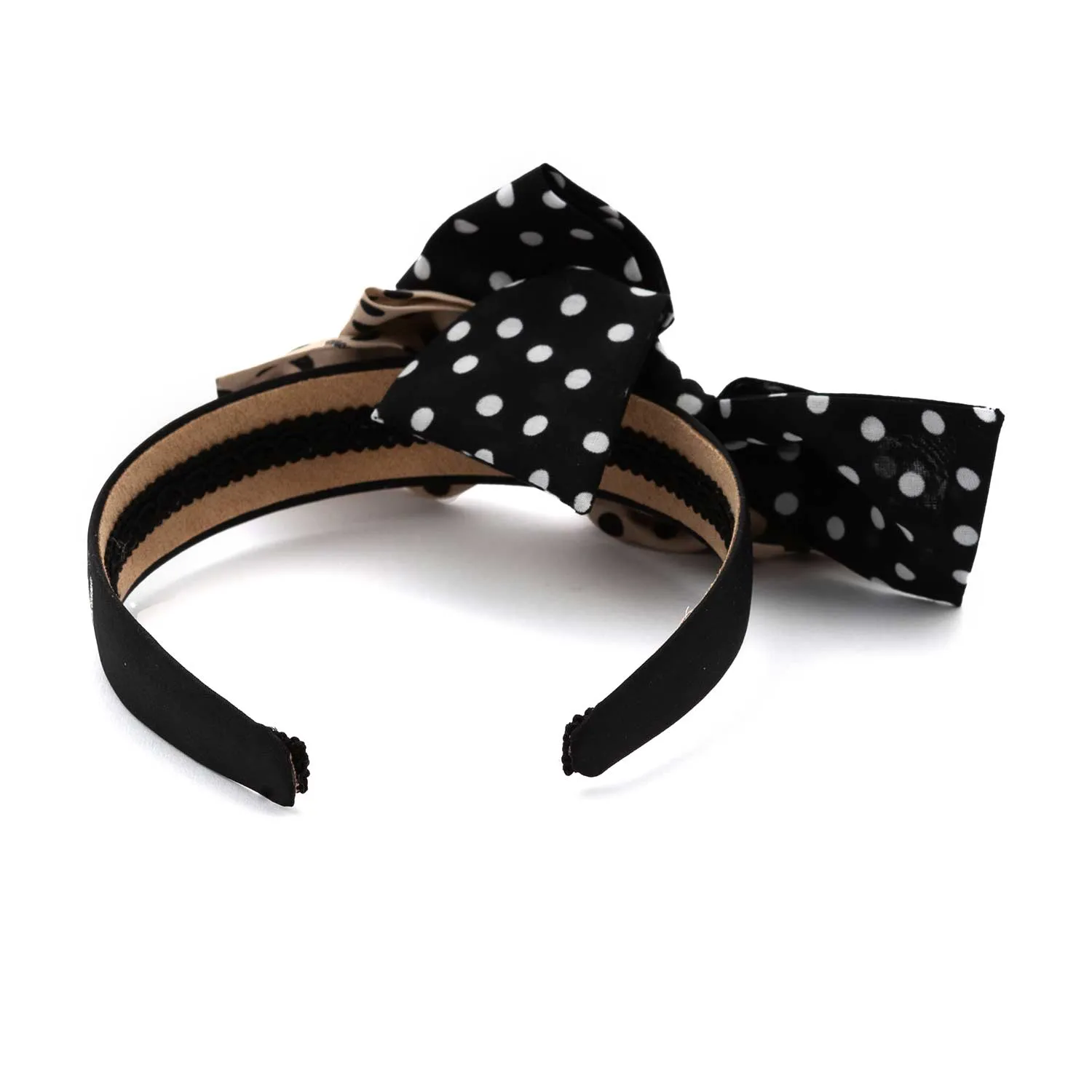 Monnalisa Black And Beige Headband With Polka Dot Bows For Girls