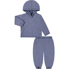 Paige Lauren Toddler Slub Rib Organic Over Dye Hoodie and Balloon Pant Loungewear Sets, Blue