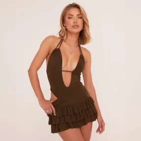 Plunge Halterneck Open Back Bodysuit In Dark Khaki Green Slinky