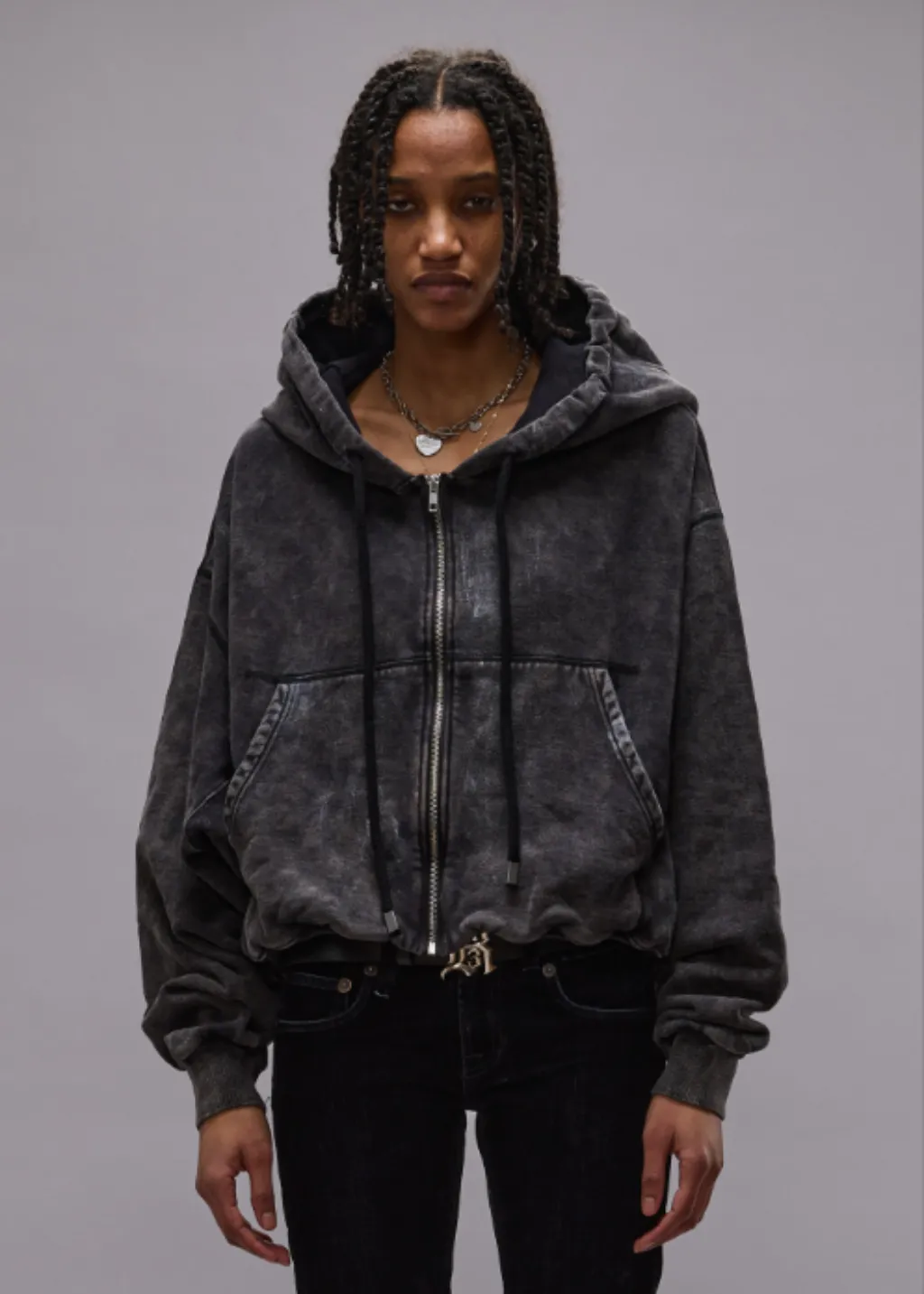 R13 Balloon Zip-Up Hoodie in Washed Black