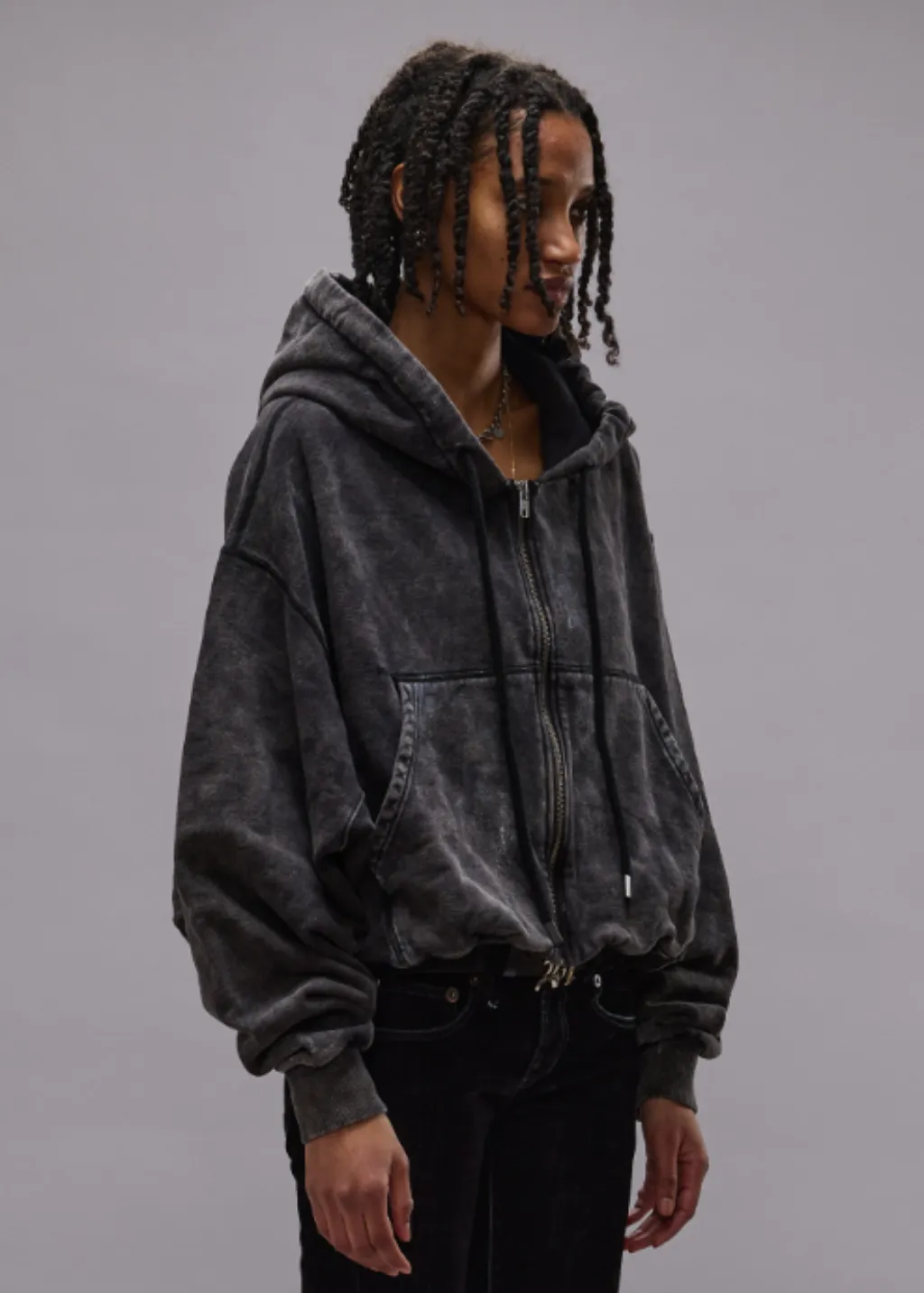 R13 Balloon Zip-Up Hoodie in Washed Black