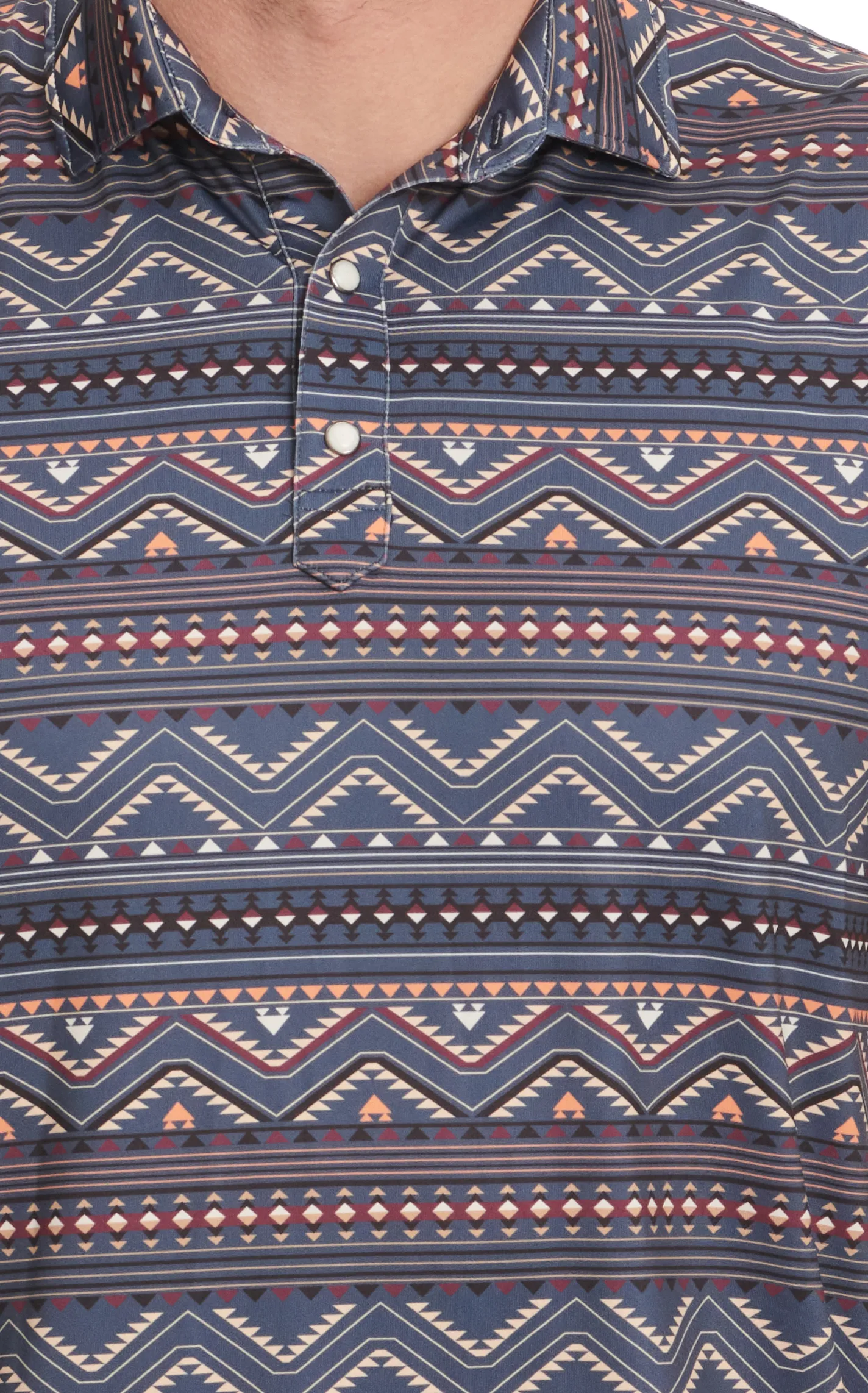 Rafter C Men's Grey-Blue Stone & Plum Aztec Print Short Sleeve Snap Polo Shirt