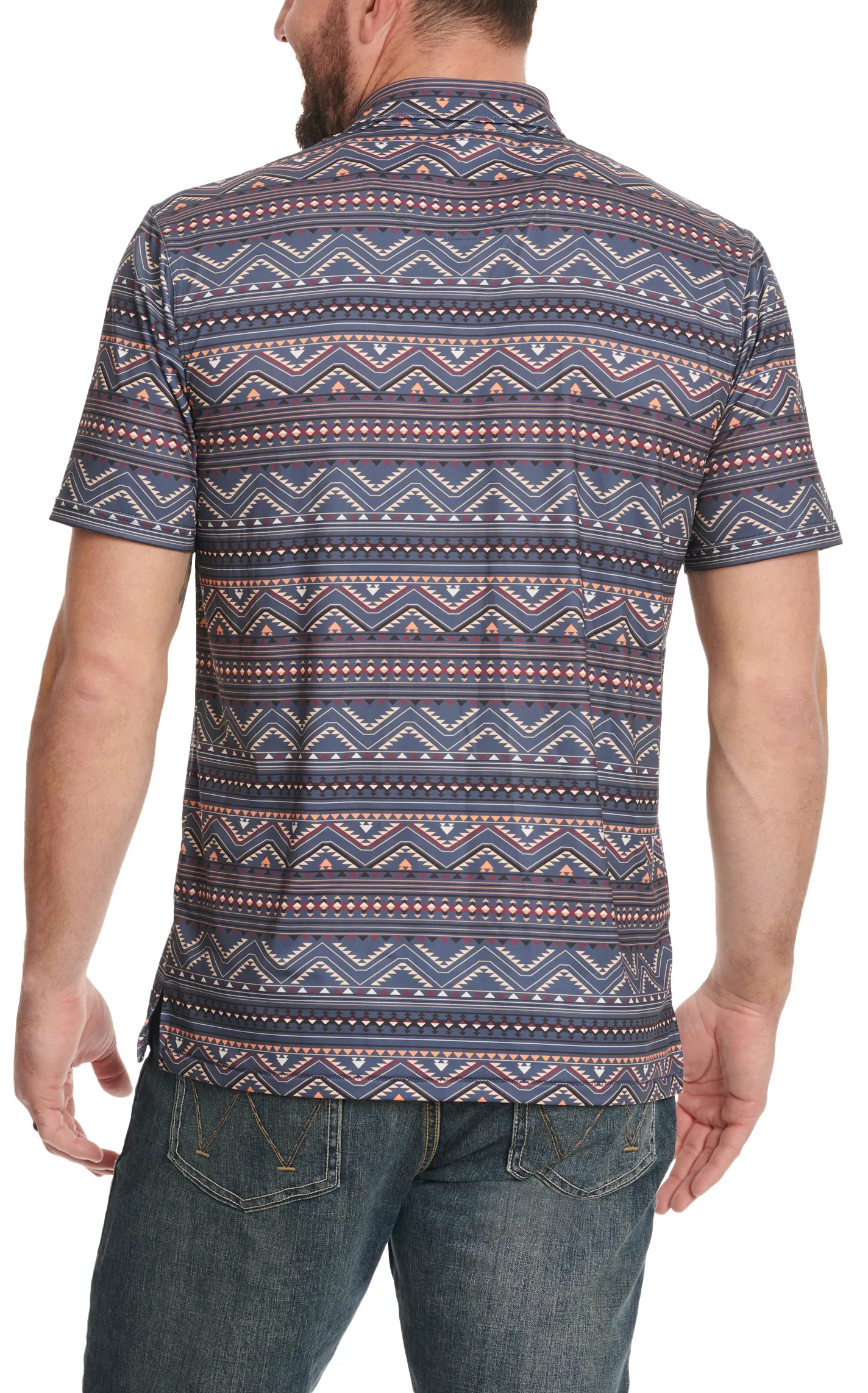 Rafter C Men's Grey-Blue Stone & Plum Aztec Print Short Sleeve Snap Polo Shirt