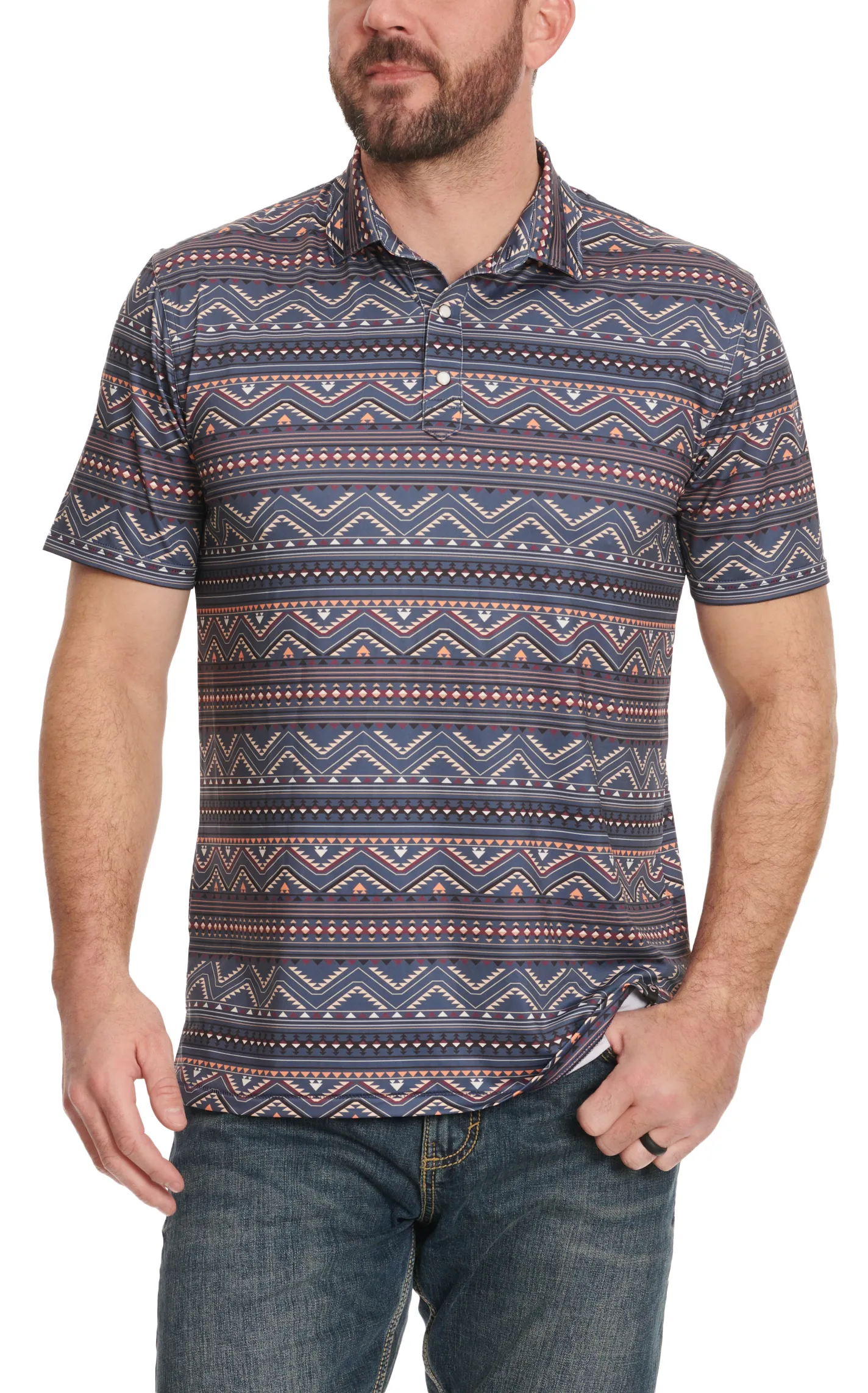 Rafter C Men's Grey-Blue Stone & Plum Aztec Print Short Sleeve Snap Polo Shirt