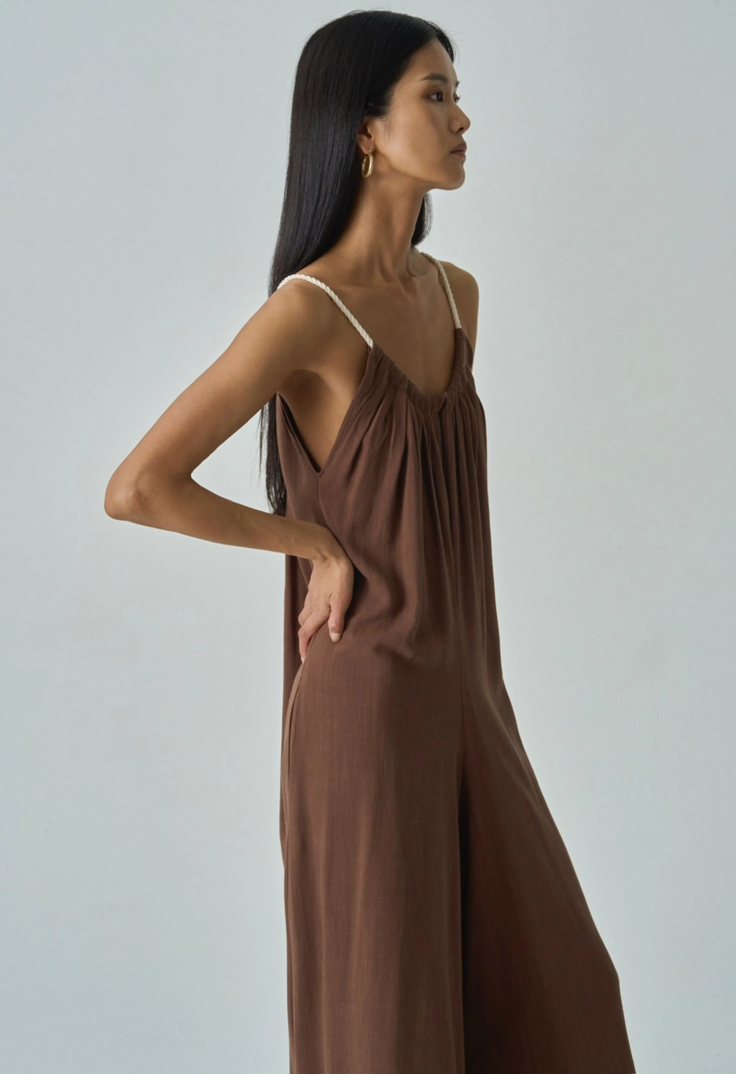 Rope Tie Linen Jumpsuit in Chocolate