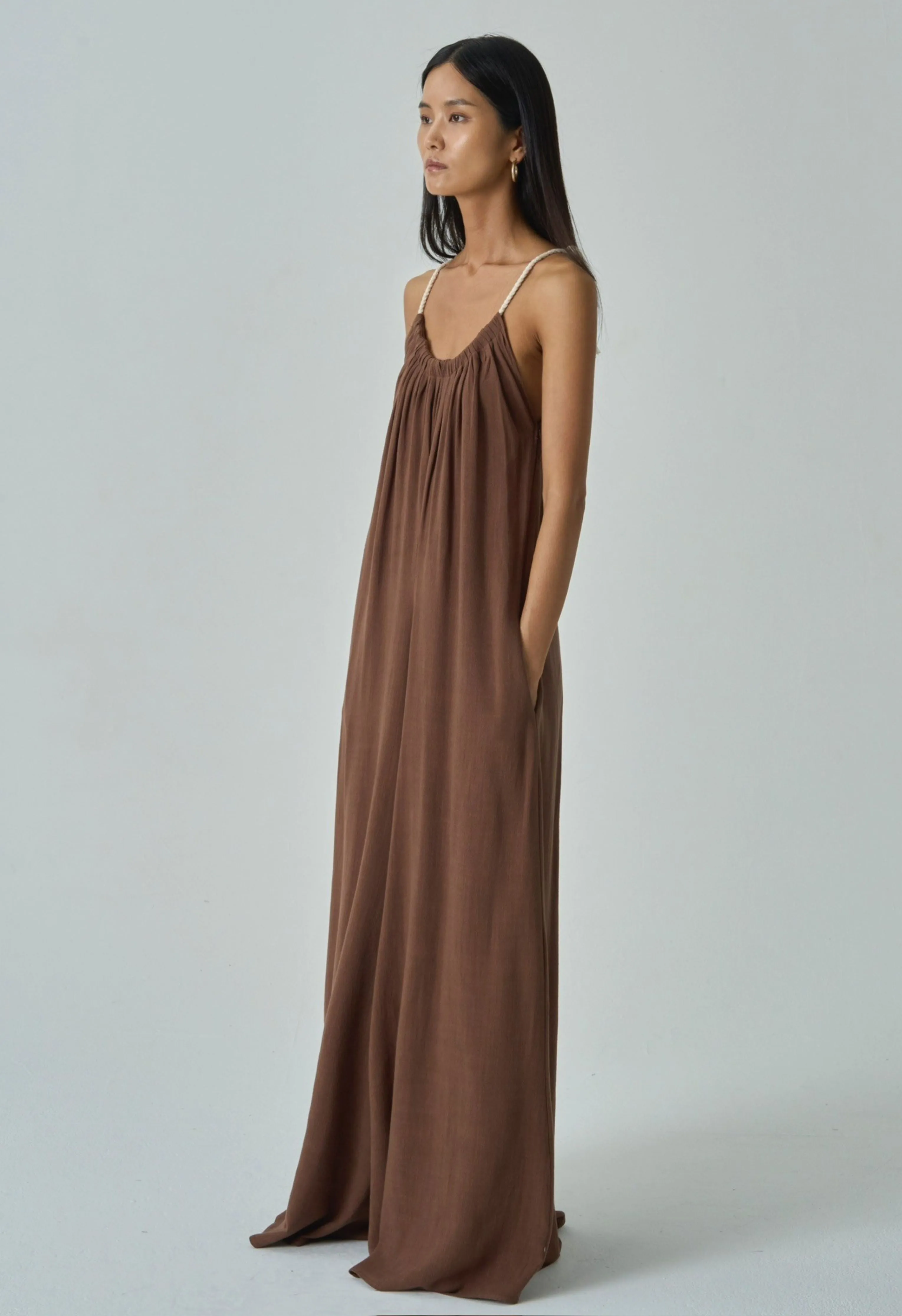 Rope Tie Linen Jumpsuit in Chocolate