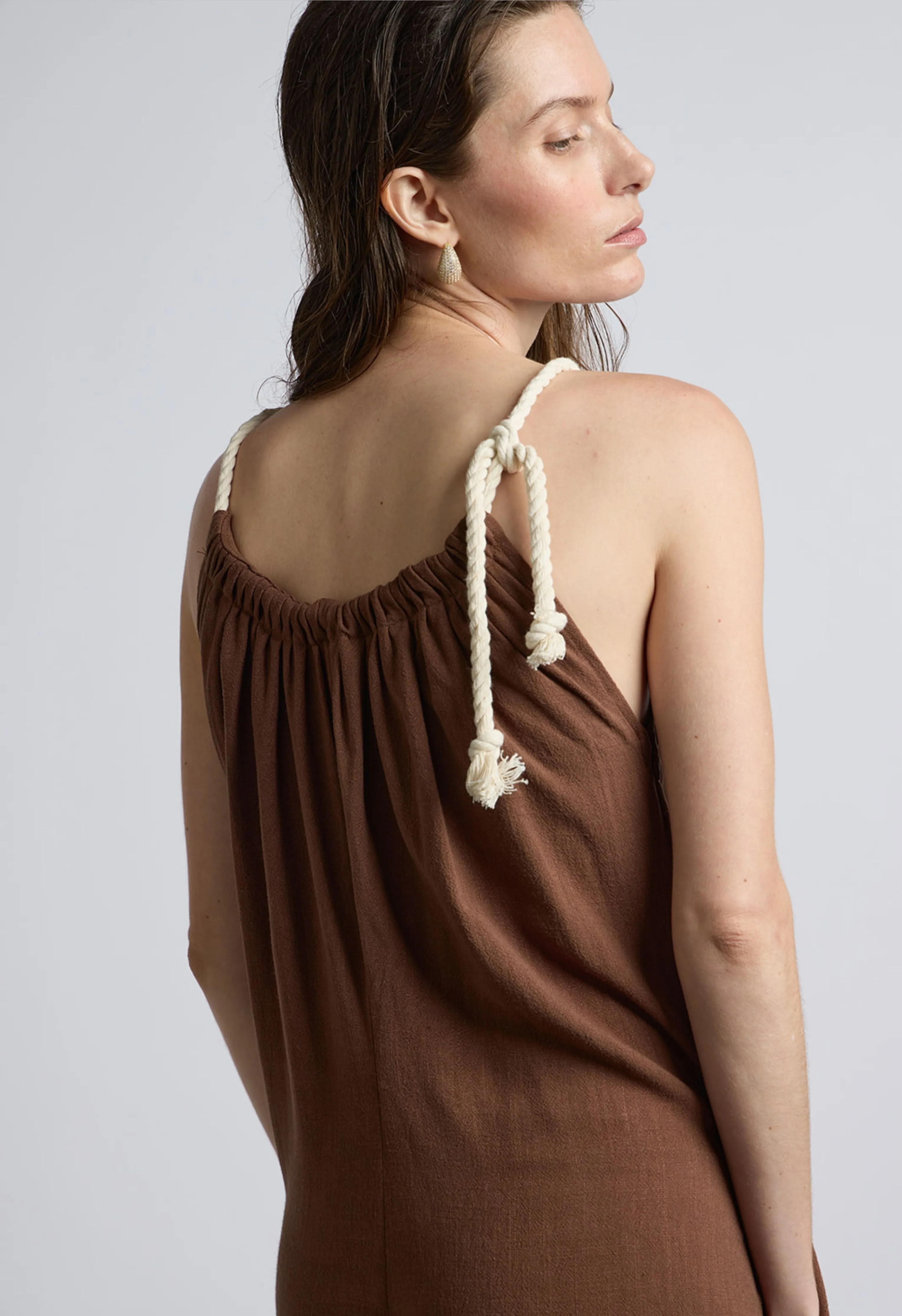 Rope Tie Linen Jumpsuit in Chocolate