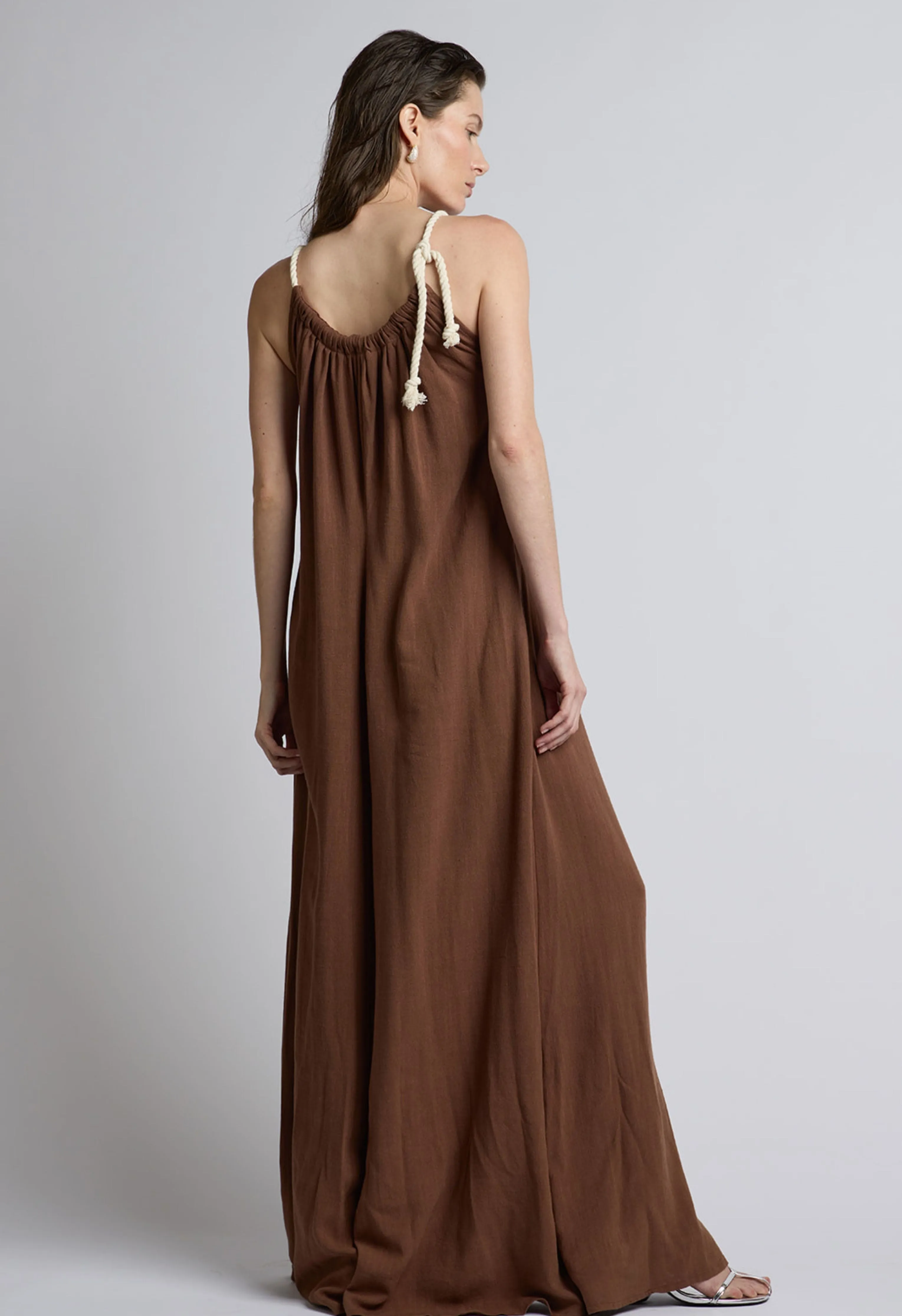 Rope Tie Linen Jumpsuit in Chocolate