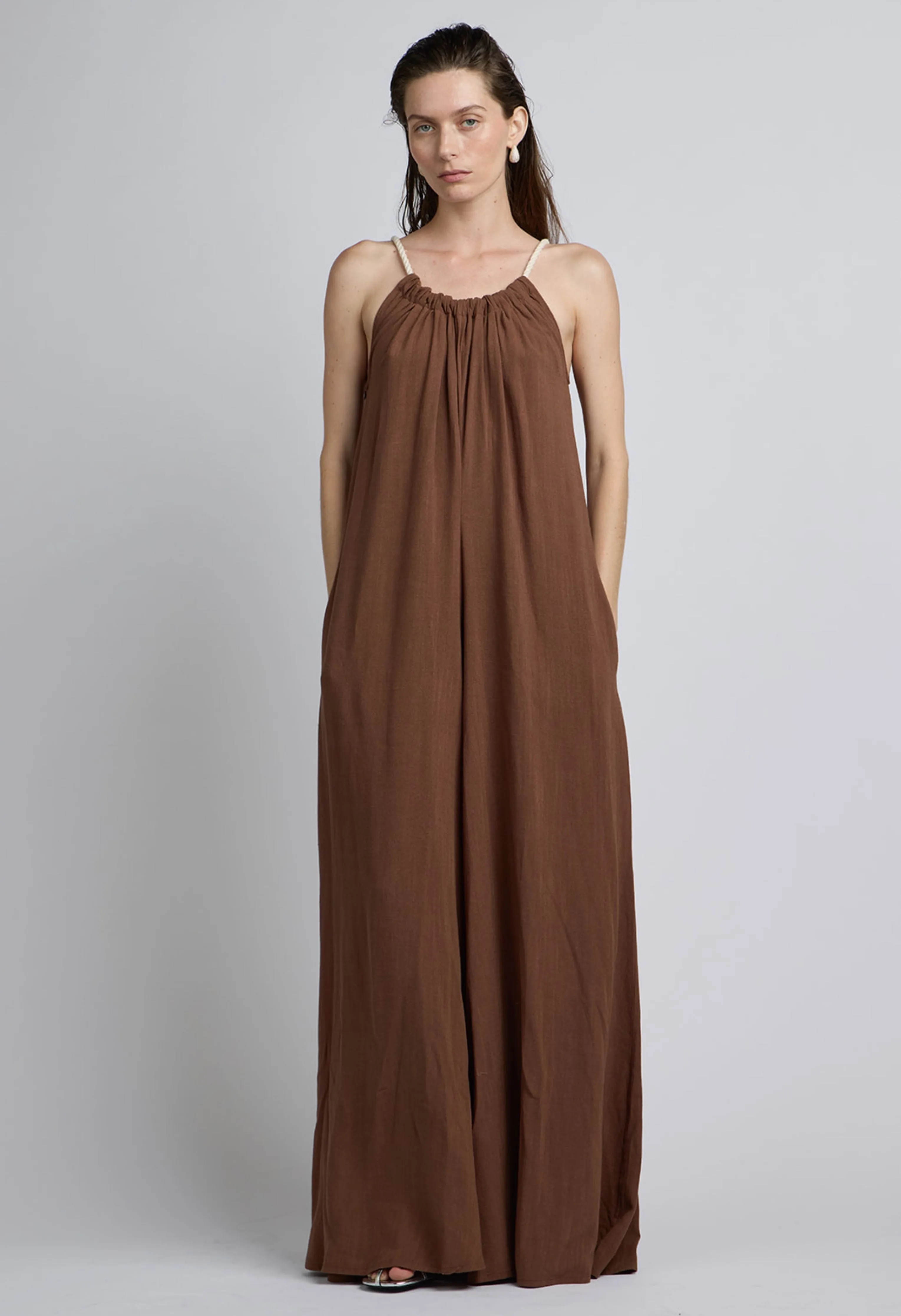 Rope Tie Linen Jumpsuit in Chocolate